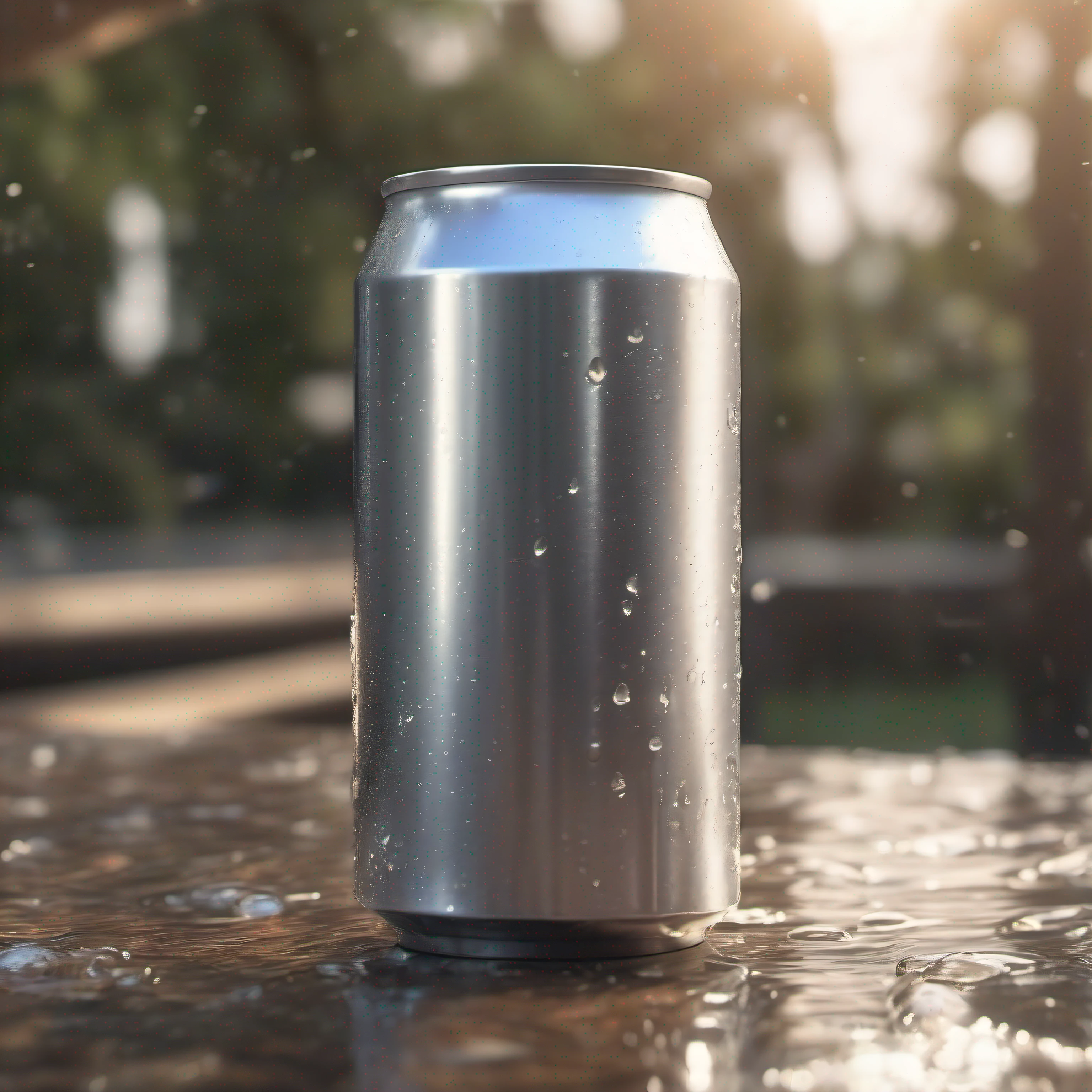 Mock-up of an aluminum soda can, photo realism, 4K quality, Unique details, Lack of people, bright sunlight, Playing glare, Natural water droplets, without any logos