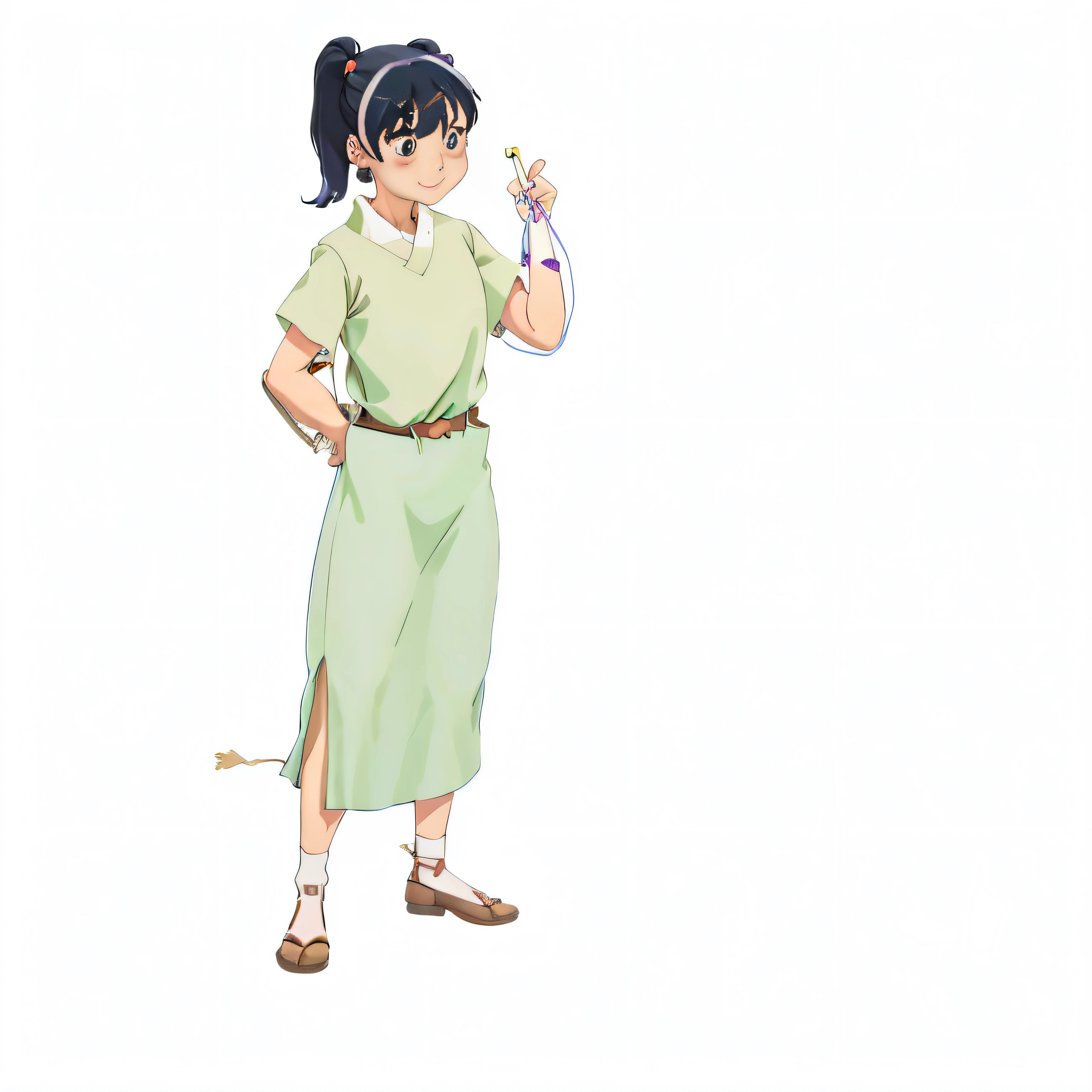 Caricature of a woman in a green dress and brown belt, a variety of poses, style in ghibli anime style, adult characters, dressed with long fluent clothes, style in ghibli anime, female anime character, Japanese animation style, anime style character, character is in her natural pose, Single character full body, Anime figure, an animated character, full body character, A young Japanese girl with black hair, Striped hair, hair bobbles, wince, long eyelasher, solid circle eyes, Fake animal ears, Light smile, Ear blush, Fang, Smile, surrealism, shadowing, anaglyph, stereograms, tachi-e, angle of view, Atmospheric perspective, by Pixar, 8K, Super detail, ccurate, Best quality
