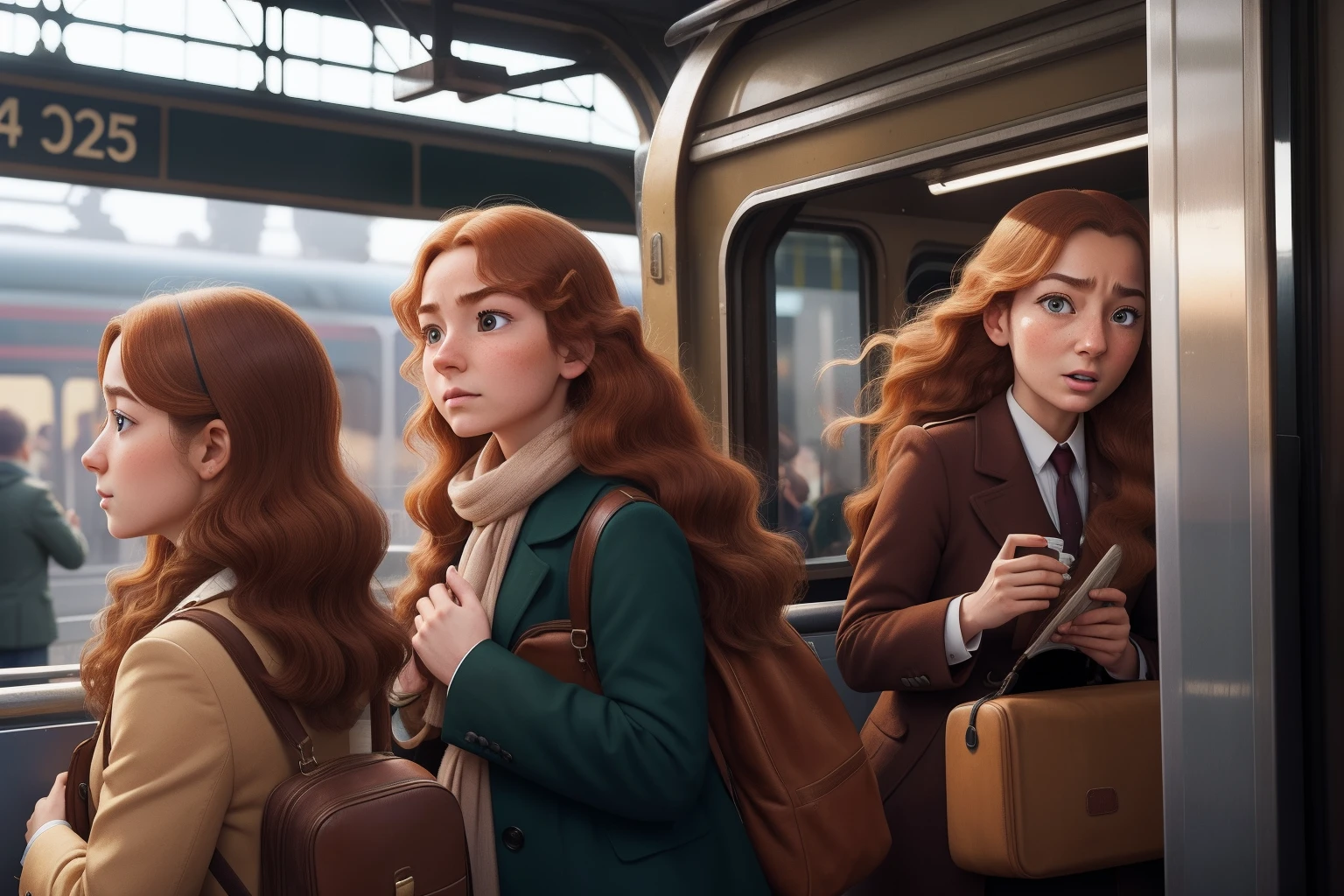 At a bustling train station, a character with chestnut hair races against time to catch a departing train, their face a tumultuous mixture of determination and despair, their hazel eyes scanning the platform frantically.