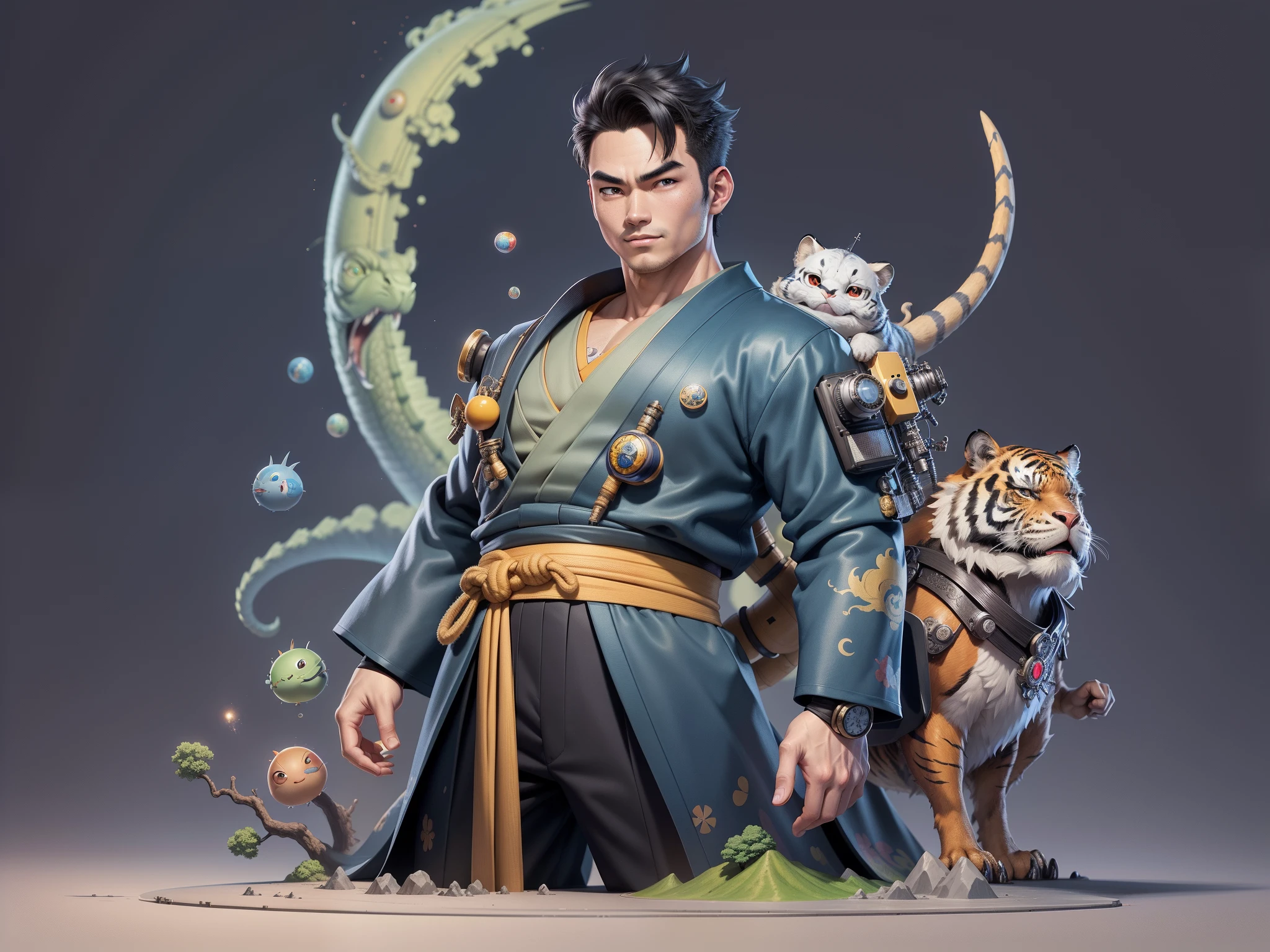 (Masterpiece), (Excellent), (Super Meticulous), (Full Body: 1.2), Super Young Man, Oriental Face, Japanese Kimono, Japanese Wind Thunder God, Dragon, Tiger, TV Anchor, Bust Portrait Illustration, Alone, Black Suit, Blue Tie, Slightly Chubby Face, Very Clean Face, No Beard, Black Super Short Hair, Black Eyes, Confident Smile, 3c Computer Sub-Products, iPad, iPhone, Digital Painting, 3D Character Design by Akira Toriyama and Mark Claireden and Pixar and Hayao Miyazaki, The illustration is a high-definition illustration in 4K resolution with very detailed facial features and cartoon-style visuals.