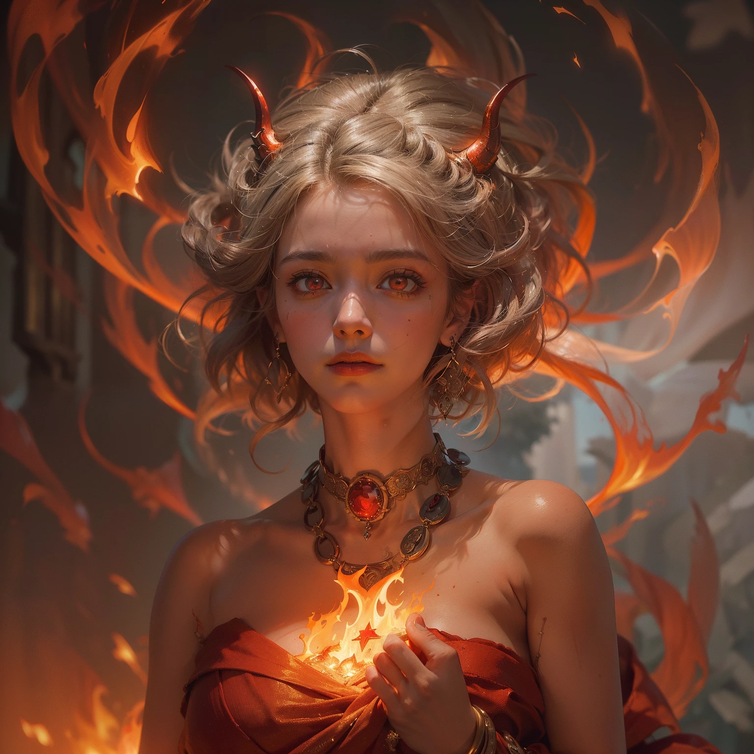 (Numerous award-winning masterpieces, with incredible detail, textures and maximum detail), (hyper realistic:1.4), (realistic:1.3), (best quality real texture skin), (finely detailed true circle Symmetrical eyes), finely detailed face, ((medieval world)), (Full-length portrait:1.6), ((The Lord's blaze Devil)), ((The Lord's hellfire Devil)), (burn brightly icy look in the eye), (full-body standing image:1.6), (She has a mischievous smile on her face), (Eyes that glow red in the dark:1.5), (A pair of red eyes with strong red light emitting from within:1.5), (full-body standing image:1.5), (Flames and flames swirling in the background), (Dramatic Light), (A majestic sight), (Her countenance is gentle and beautiful, but somehow terrifying), Glass earrings on the ears, (dramatic photo:1.4), (gives full-body standing image:1.5), ((dramatic pose)), (golden hair), (silver hair), (chestnut hair), Short cut hair, ((looks up)), ((looking down)), (Around her neck is a simple necklace of exquisite workmanship), (Bio luminescence with a brilliant glow:1.3), (Use flashy flame magic:1.2), (Swirling flames), The Great Temple of the Devil, The Devil's Grand Shrine, great temple, great cathedral, temple ruins, detached temple, (Luminous magic circle), Ruins of an ancient castle, Shining majestic cloud masses and sky, lightning bolt, epic realistic, faded, art, (Greg rutkowski:0.8), (teal and orange:0.4), (art station:1.5), cinematic, ((neutral colors)), (hdr:1.5), (muted colors:1.2), hyper detailed, dramatic light, (intricate details:1.1), complex background,