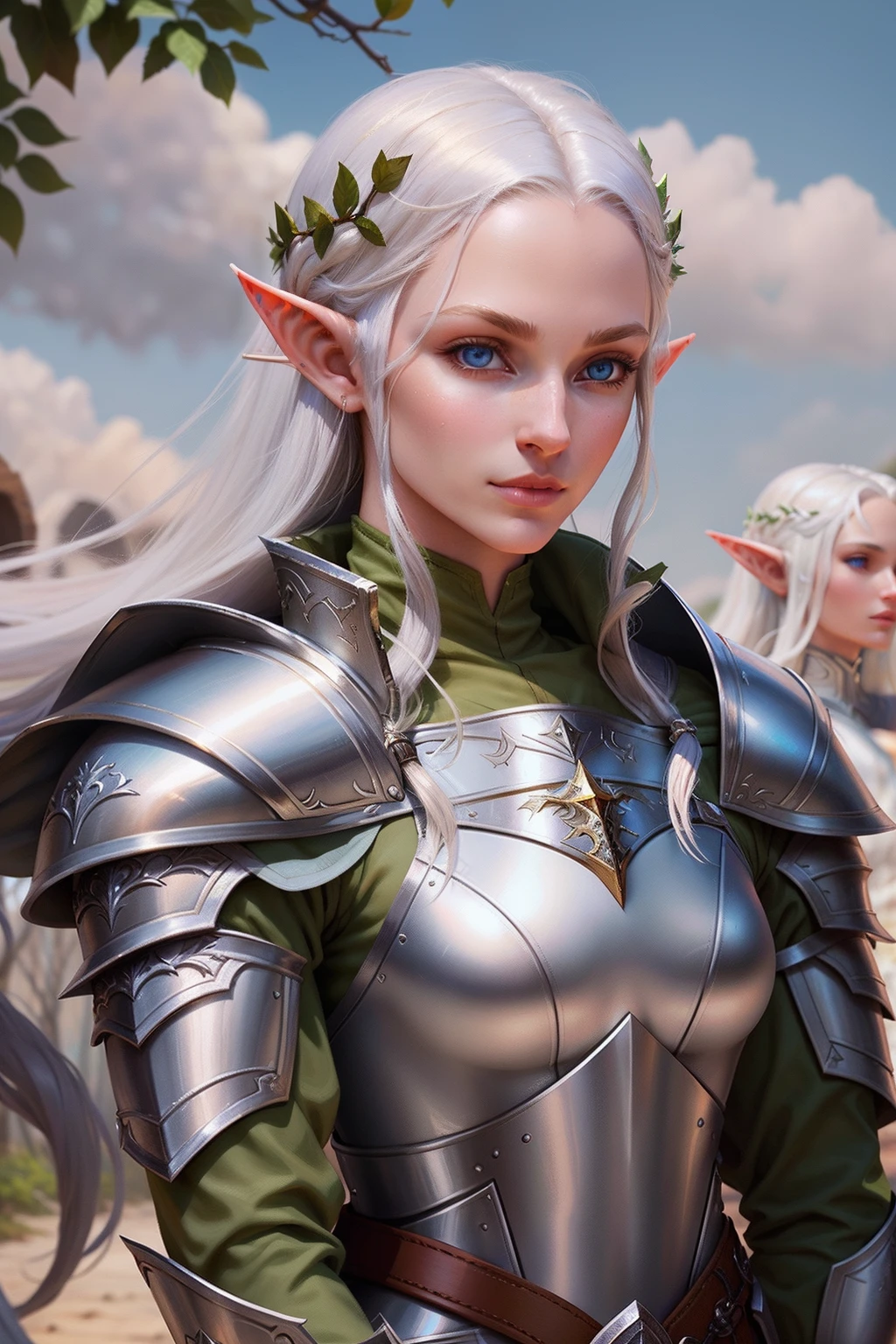 dressed in white、a close up of a person in armor with a sword, Silver-skinned female elf, Colossal tits、Sexy and beautiful female elf, Female Elf, River Male, elven character with smirk, Female Elfranger, Portrait of a slender elf woman、Dynamism、Fighting figure