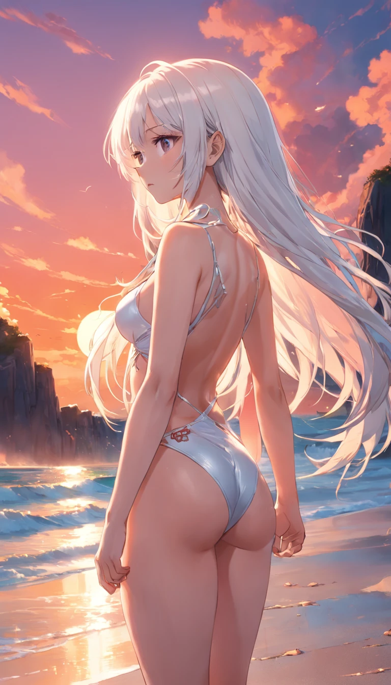 the beach，Look up，long white hair，Full body, The bikini、Looking at the camera、Sunset、evening glow