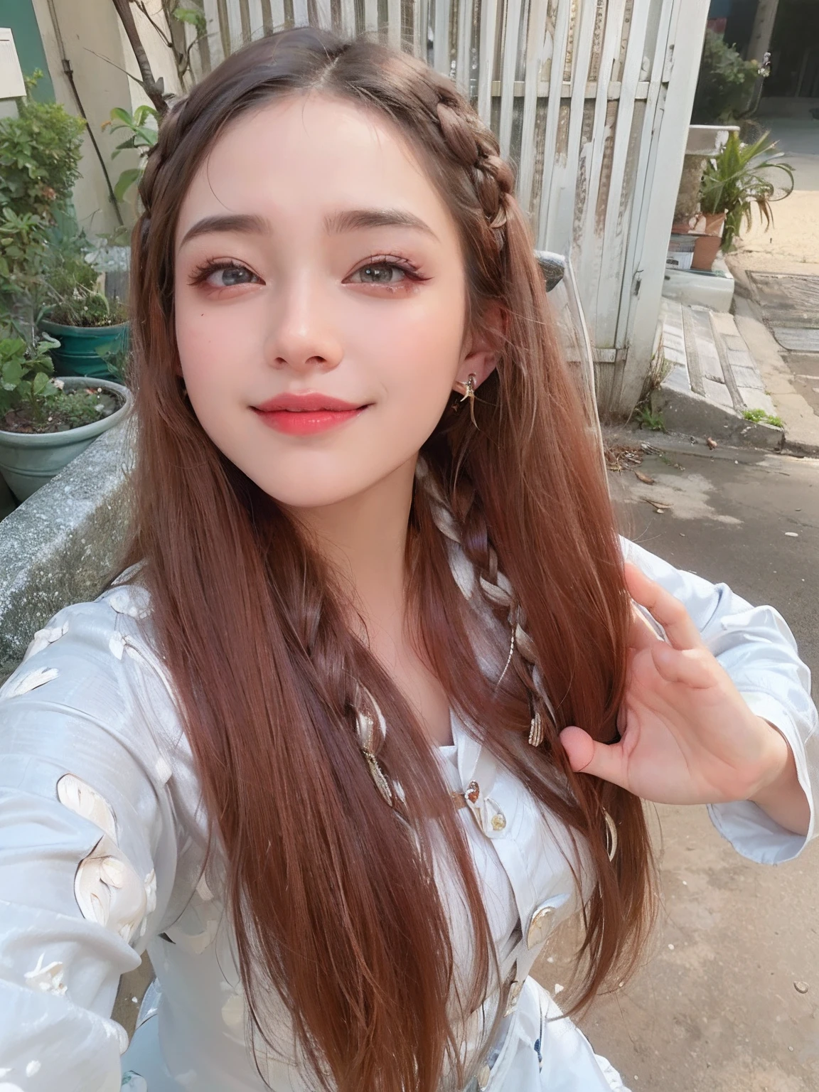 1girl,photorealistic,naughty face, white hair,rolling_eyes,ahegao, open mouth, evil smile, srtong wind,twin_braids, earrings, jewelry, animal,