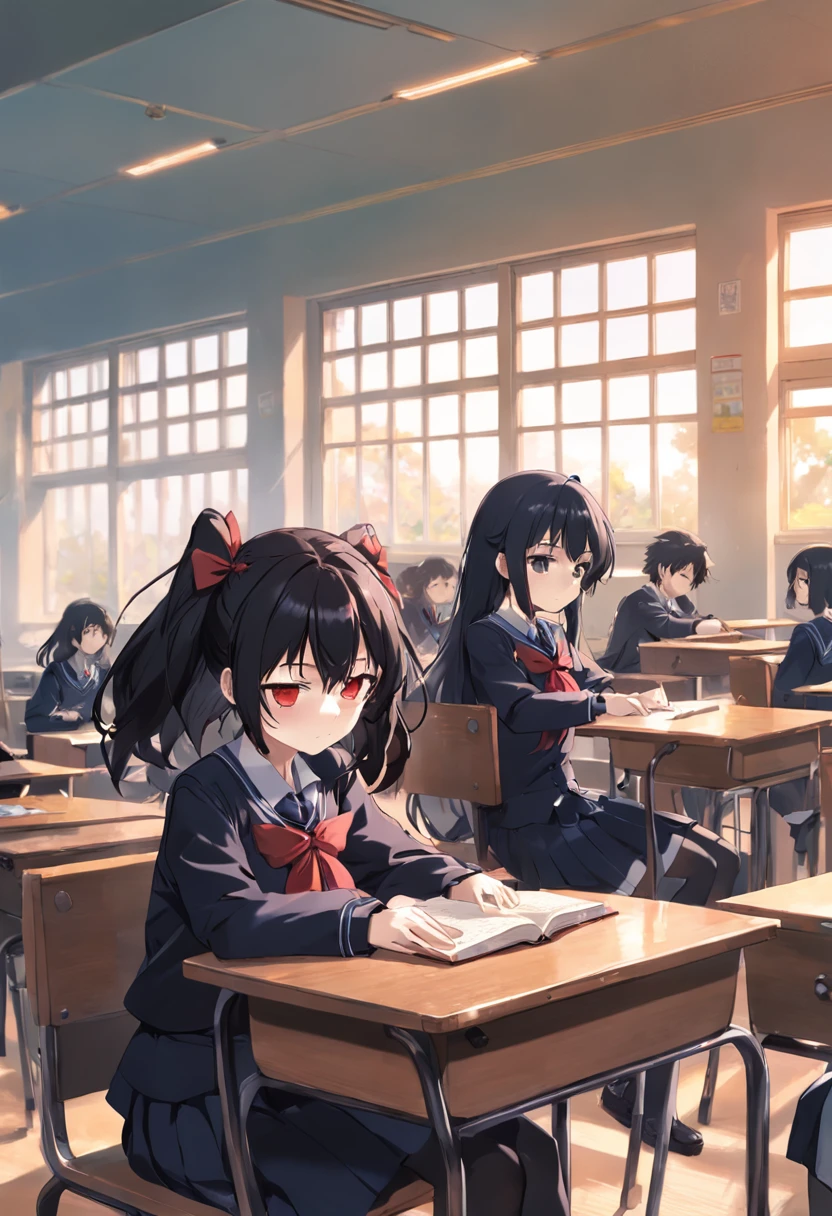 two guys,Black and red long hair sitting in classroom anime girl wearing school uniform,Sleep on the table,Next to her is a person with short black hair,Anime boy in school uniform,There are stacked books in front,The sun is shining outside the window