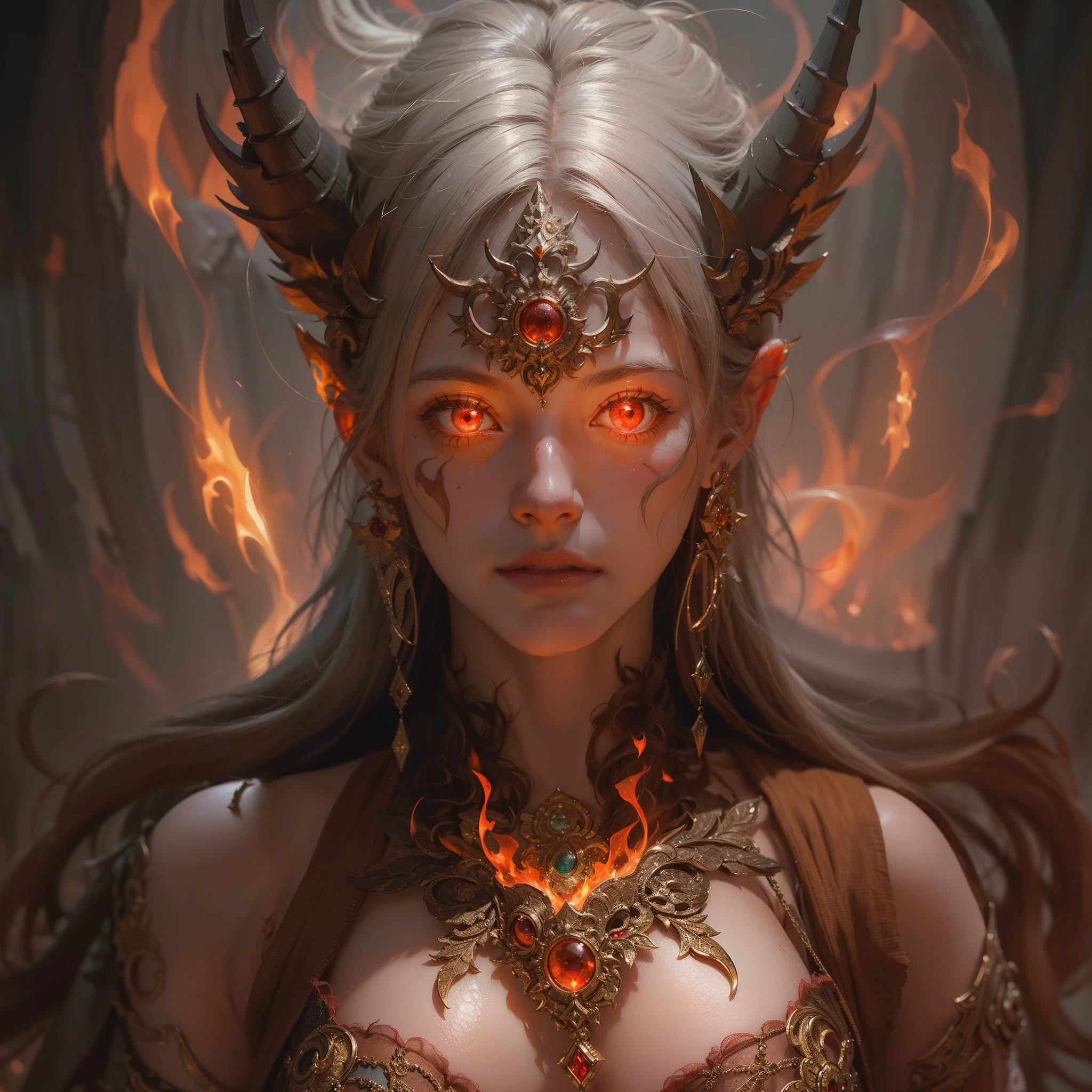 (Numerous award-winning masterpieces, with incredible detail, textures and maximum detail), (hyper realistic:1.4), (realistic:1.3), (best quality real texture skin), (finely detailed true circle Symmetrical eyes), finely detailed face, ((medieval world)), (Full-length portrait:1.6), ((The Lord's blaze Devil)), ((The Lord's hellfire Devil)), (burn brightly icy look in the eye), (full-body standing image:1.6), (She has a mischievous smile on her face), (Eyes that glow red in the dark:1.5), (A pair of red eyes with strong red light emitting from within:1.5), (full-body standing image:1.5), (Flames and flames swirling in the background), (Dramatic Light), (A majestic sight), (Her countenance is gentle and beautiful, but somehow terrifying), Glass earrings on the ears, (dramatic photo:1.4), (gives full-body standing image:1.5), ((dramatic pose)), (golden hair), (silver hair), (chestnut hair), Short cut hair, ((looks up)), ((looking down)), (Around her neck is a simple necklace of exquisite workmanship), (Bio luminescence with a brilliant glow:1.3), (Use flashy flame magic:1.2), (Swirling flames), The Great Temple of the Devil, The Devil's Grand Shrine, great temple, great cathedral, temple ruins, detached temple, (Luminous magic circle), Ruins of an ancient castle, Shining majestic cloud masses and sky, lightning bolt, epic realistic, faded, art, (Greg rutkowski:0.8), (teal and orange:0.4), (art station:1.5), cinematic, ((neutral colors)), (hdr:1.5), (muted colors:1.2), hyper detailed, dramatic light, (intricate details:1.1), complex background,