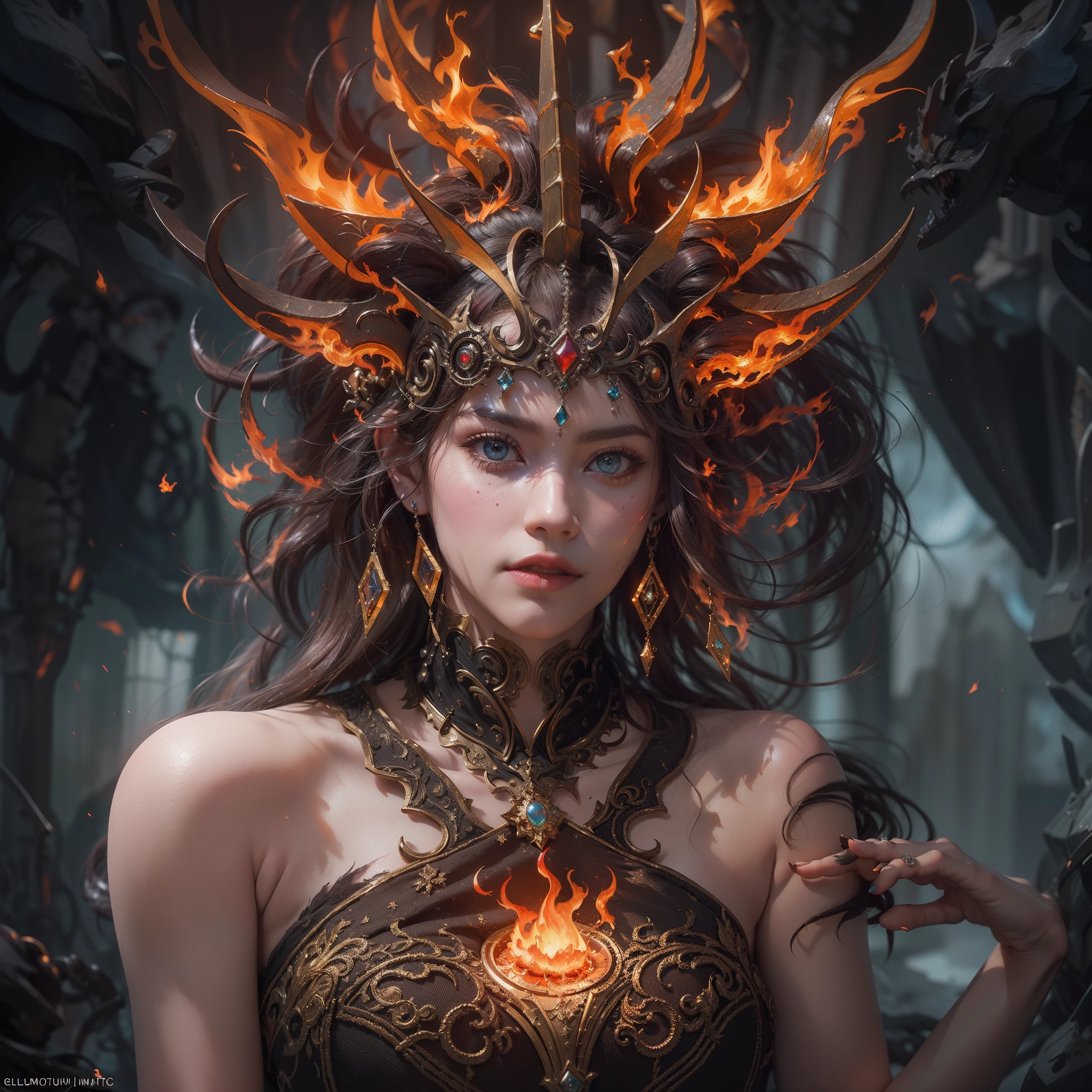 (Numerous award-winning masterpieces of, With incredible details, textures and maximum detail), (Ultra photo realsisim:1.4), (full-body portraits:1.5), (Realistic:1.3), (up of the upper body:0.3), (best quality real texture skin), (Fine true circle Symmetrical eyes), finerly detailed face, ((medieval world)), ((The Lord's Ice Demon)), ((Lord's Flame Demon)), Machinary,cyber punk perssonage,(Full body view:1.5), (Burning bright eyes), (She has a mischievous smile on her face), (Eyes that glow with flames in the dark:1.5), (A pair of red eyes), Bio-luminescence, (Swirling ice and strong wind in the background), (Dramaticlight), (A majestic sight), (Her countenance is gentle and beautiful, but somehow terrifying), Glass earrings on the ears, (Dramatic photo:1.4), ((dramatic pose)), (flamboyant photo), (Golden hair), (hair black), (maroon hair), short detailed hair, ((head looking up)), ((Looking down)), (Around her neck is a simple necklace of exquisite workmanship), (Bio-luminescence,Brilliant light:1.3), (Use gorgeous icy magic:1.2), (swirling fire), The Great Temple of the Devil, The Devil's Grand Shrine, great temple, great cathedral, Temple ruins, detached temple, (Luminous magic circle:1.5), Ancient Castle Site, Shining majestic cloud masses and sky, salama, epic realistic, Faded, art, (greg rutkovsky:0.8), (Teal and orange:0.4), (Art Station:1.5), Cinematic, ((com cores neutras)), (hdr:1.5), (pastel colour:1.2), ultra - detailed, Dramaticlight, (Intricate details:1.1), the complex background,