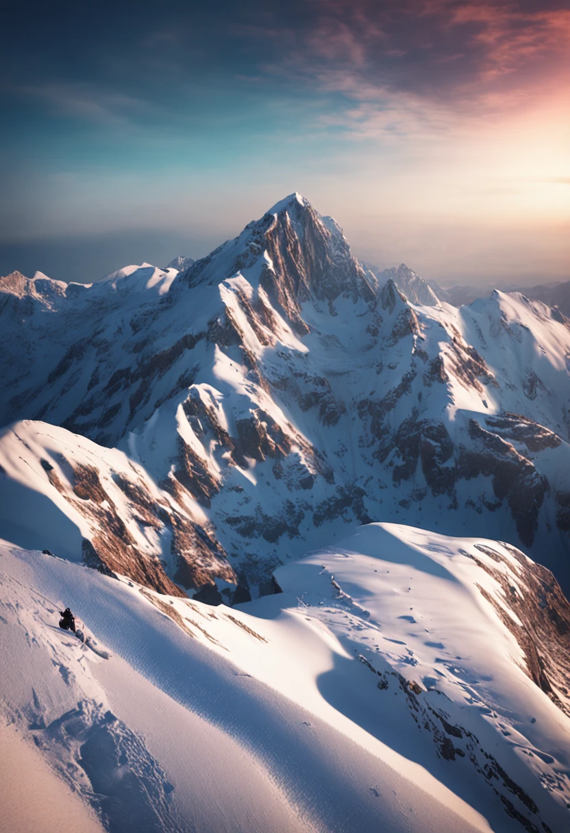 Drone photographs stunning snow-capped mountain tops,k hd,Blue sky