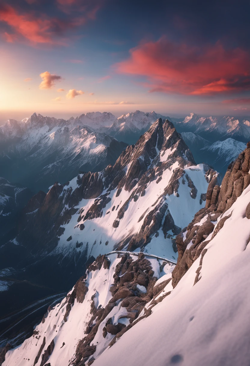 Drone photographs stunning snow-capped mountain tops，k hd，Blue sky