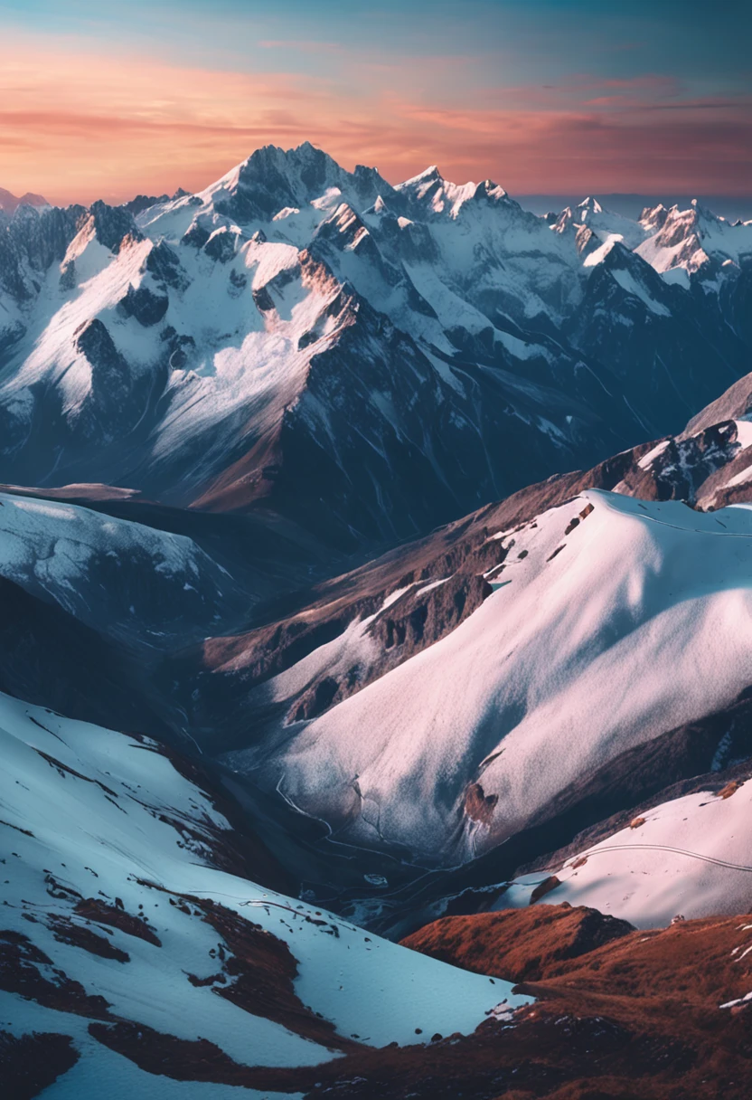 Drone photographs stunning snow-capped mountain tops，k hd，Blue sky