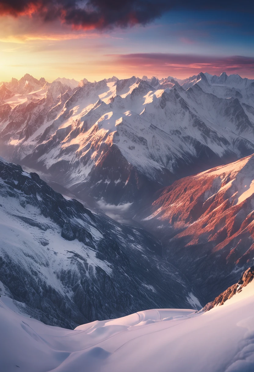 Drone photographs stunning snow-capped mountain tops，k hd，Blue sky