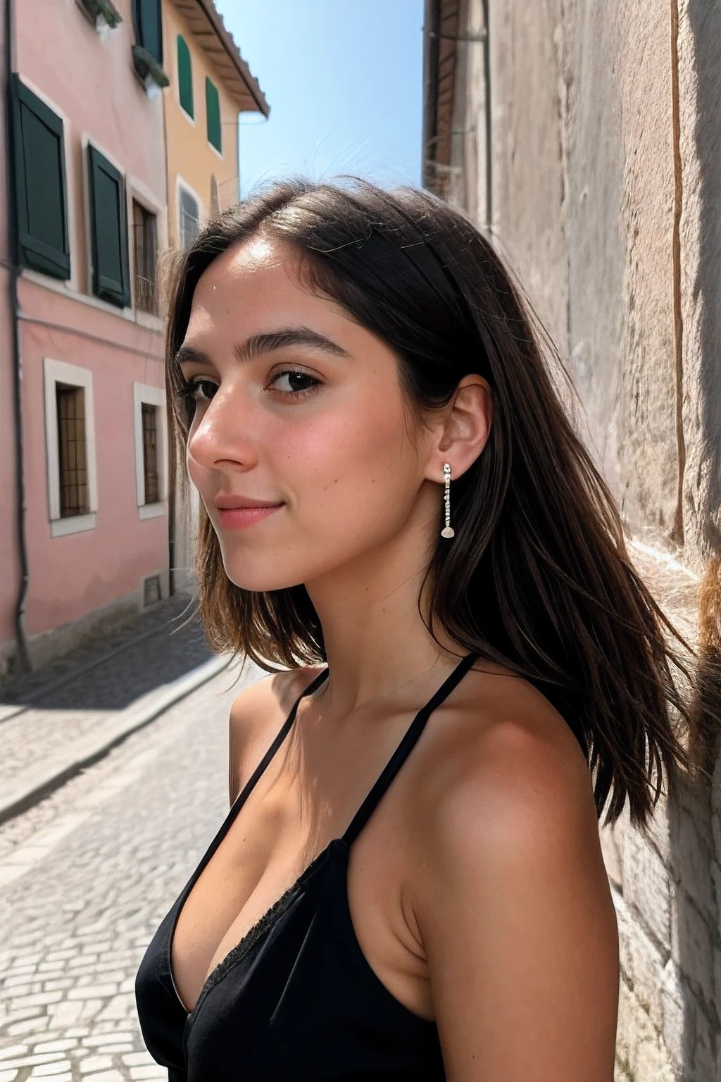 Instagram-Foto, Nahaufnahme Gesicht Foto von 23 Y.o Chloe in black clothes on Italy's streets, Spaltung, blasse Haut, (smil:0.4), Harte Schatten, posierend, positionen, angeben, sexuell, No underwear, ((NSFW)), shaved, Fluss-Fantasie, feld, Mikro-Details, weiches Licht, fotorealistisch, proportional, Hyper Details,