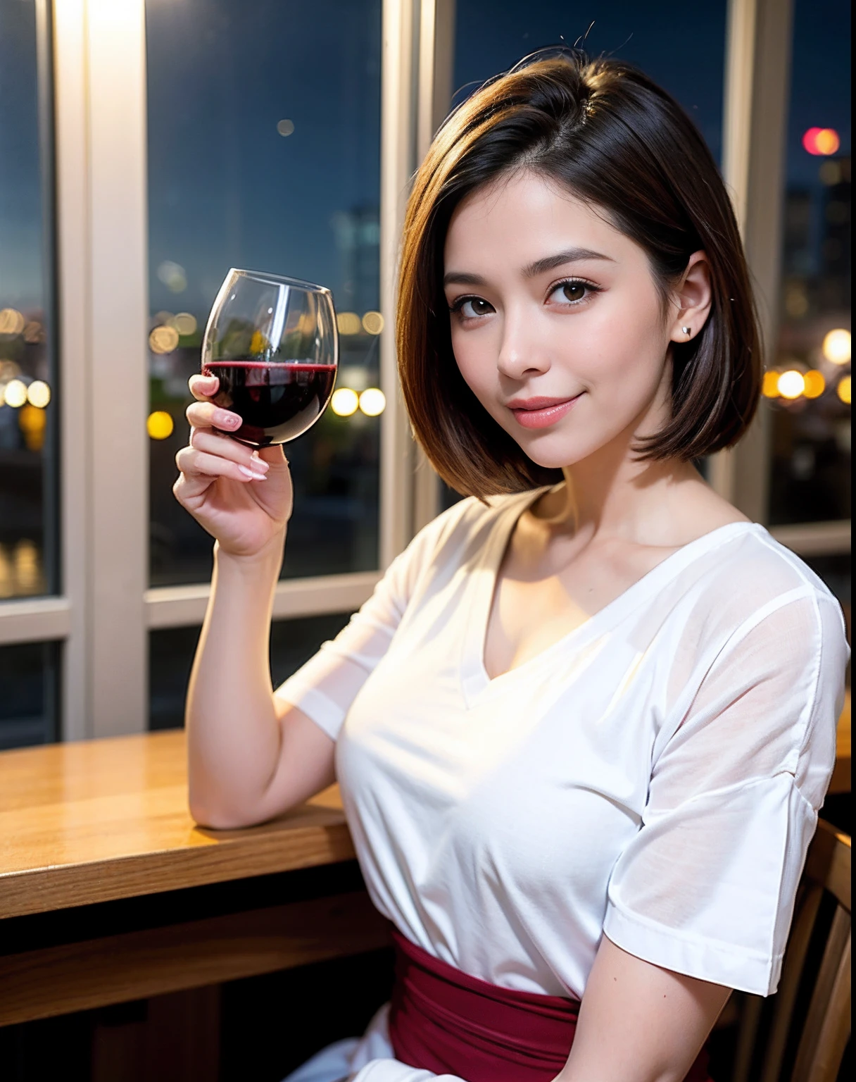 (64K, UHD, top quality, masterpiece: 1.2), (realistic, photorealistic: 1.37), super detailed, pretty woman 1 person, (slim face), (slim body), (brown hair), (short cut), cheeks slightly blushing, (44 years old), 38 years old, solo, beautiful detailed urban night view outside the window, restaurant, wine glasses sit, at night, in a prominent placeNovaFrogStyle, Actress, Model, Waist Up, White Wine, Slim, Wine Glass, Super Clean Night View, Wine Glass Put in the Middle, Happy Smile, (Smile: 1.15), Beautiful Fine Eyes, Upper Body, Bust Japan Up, Night, Short, Short, Actress, Model, Waist Up, White Wine, Slim, Wine Glass, Super Clean Night View, Wine Glass Put in the Middle, Happy Smile,
