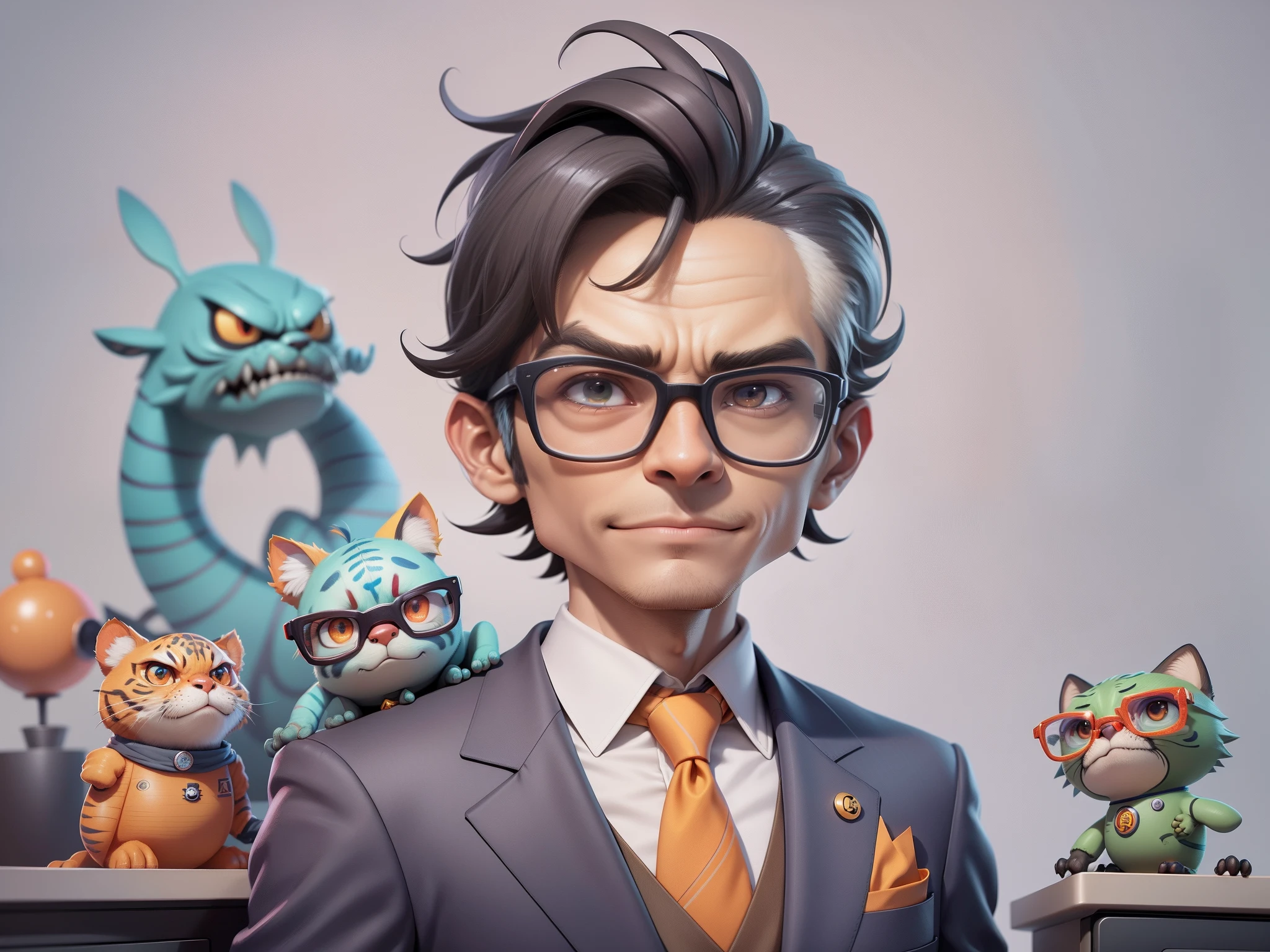 (Masterpiece), (Extreme Quality), (Super Meticulous), (Full Body: 1.2), Super Young Man, Chinese Dragon, Tiger, Wind God Thor, Sexy, Bursting, Oriental Face, TV Anchor, Bust Portrait Illustration, Black Formal Suit, Blue Tie, Slightly Chubby Face, Silver Glasses, Very Clean Face, No Beard on Chin, Black Super Short Hair, Black Eyes, Confident Smile, 3c Computer Sub-Products, iPad, iPhone, Digital Painting, 3D Character Design by Mark Claireden and Pixar and Hayao Miyazaki and Akira Toriyama, The illustration is a high-definition illustration in 4K resolution with very detailed facial features and cartoon-style visuals.