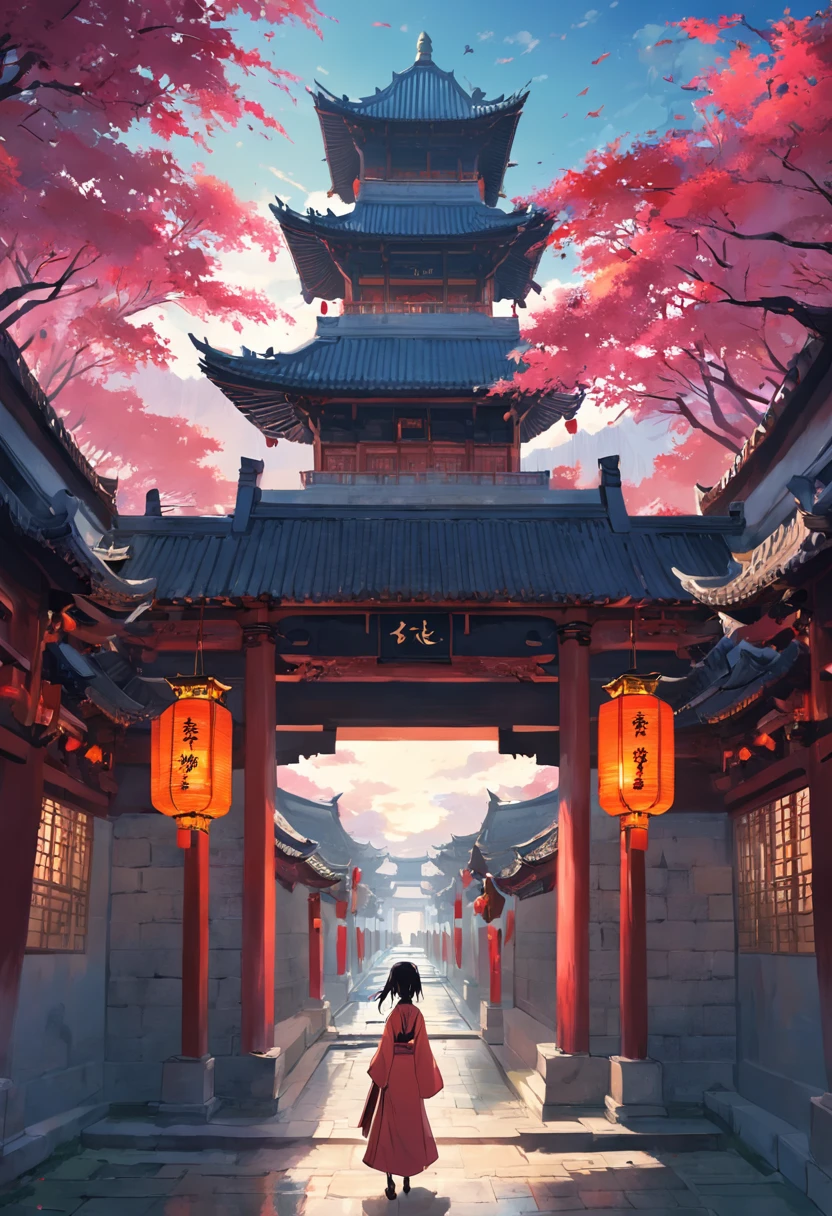 Huge and ancient city tower, the gate says Weihuifu, a moat is under the city tower, there is a bridge on the river, a moat in front of the gate, and many, many people in Hanfu are walking around