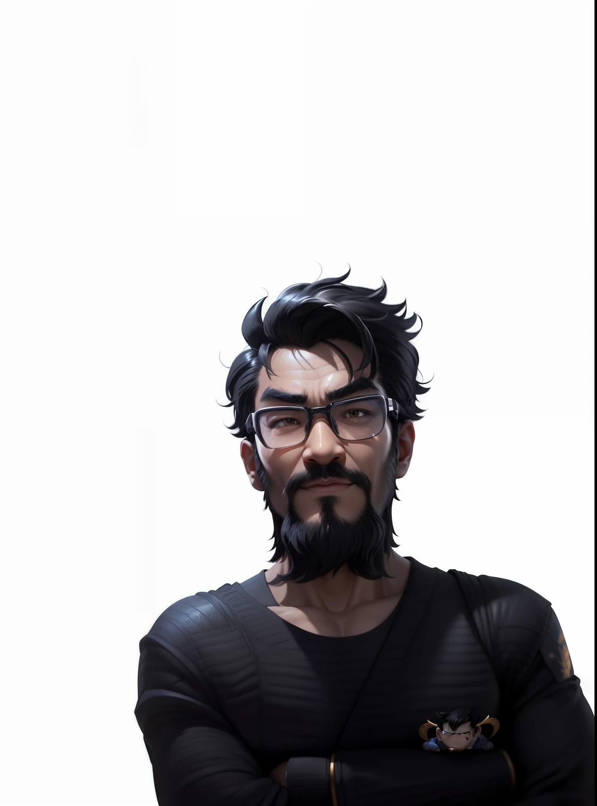 (Masterpiece), (Excellent), (Super Meticulous), (Full Body: 1.2), Super Young Man with Japanese Female Geisha, Pretty, Beautiful, Chinese Dragon, Tiger, Wind God Thor, Sexy, Bursting, Oriental Face, TV Anchor, Bust Portrait Illustration, Black Suit, Blue Tie, Slightly Chubby Face, Silver Glasses, Very Clean Face, No Beard on Chin, Black Super Short Hair, Black Eyes, Confident Smile, 3c Computer Sub-Products, iPad, iPhone, Digital Painting, 3D character design by Mark Clairedon and Pixar and Hayao Miyazaki and Akira Toriyama, the illustrations are HD illustrations in 4K resolution with highly detailed facial features and cartoon-style visuals.