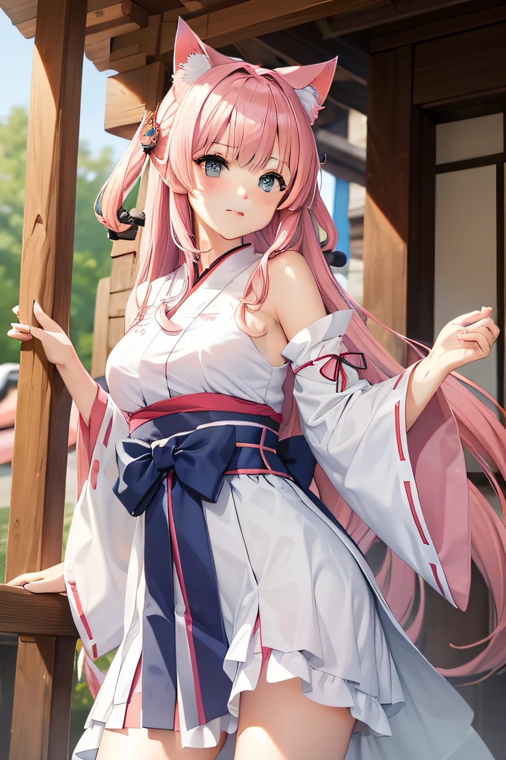 Cat's ears　shrine maiden clothe　Pink hair　Blue Eyes　frontage