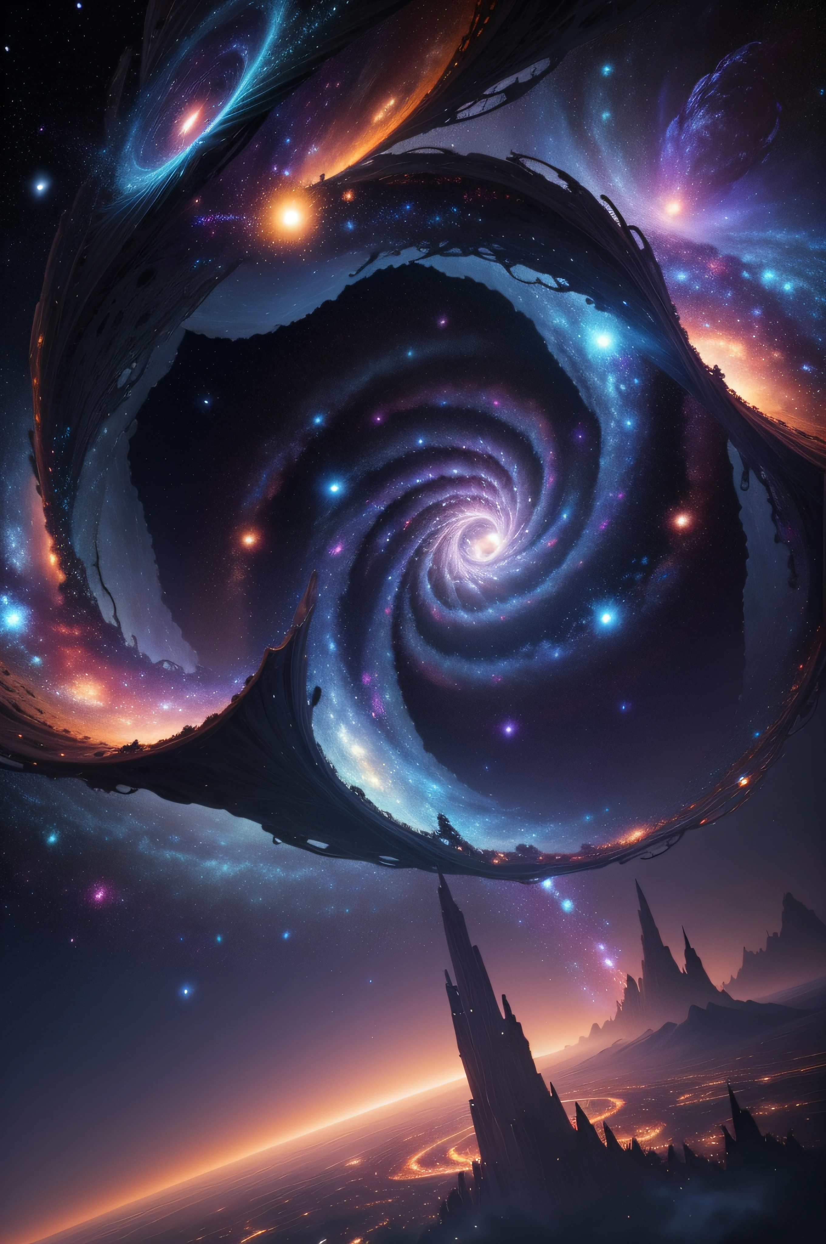 arafed view of a space scene with a spiral galaxy, epic beautiful space scifi, surreal space, endless cosmos in the background, 4k highly detailed digital art, space fractal gradient, galaxy space sci - fi, universe, fantasy space, cosmic space, dimension of infinite space, portal to outer space, interstellar vortex through time, multiverse portal