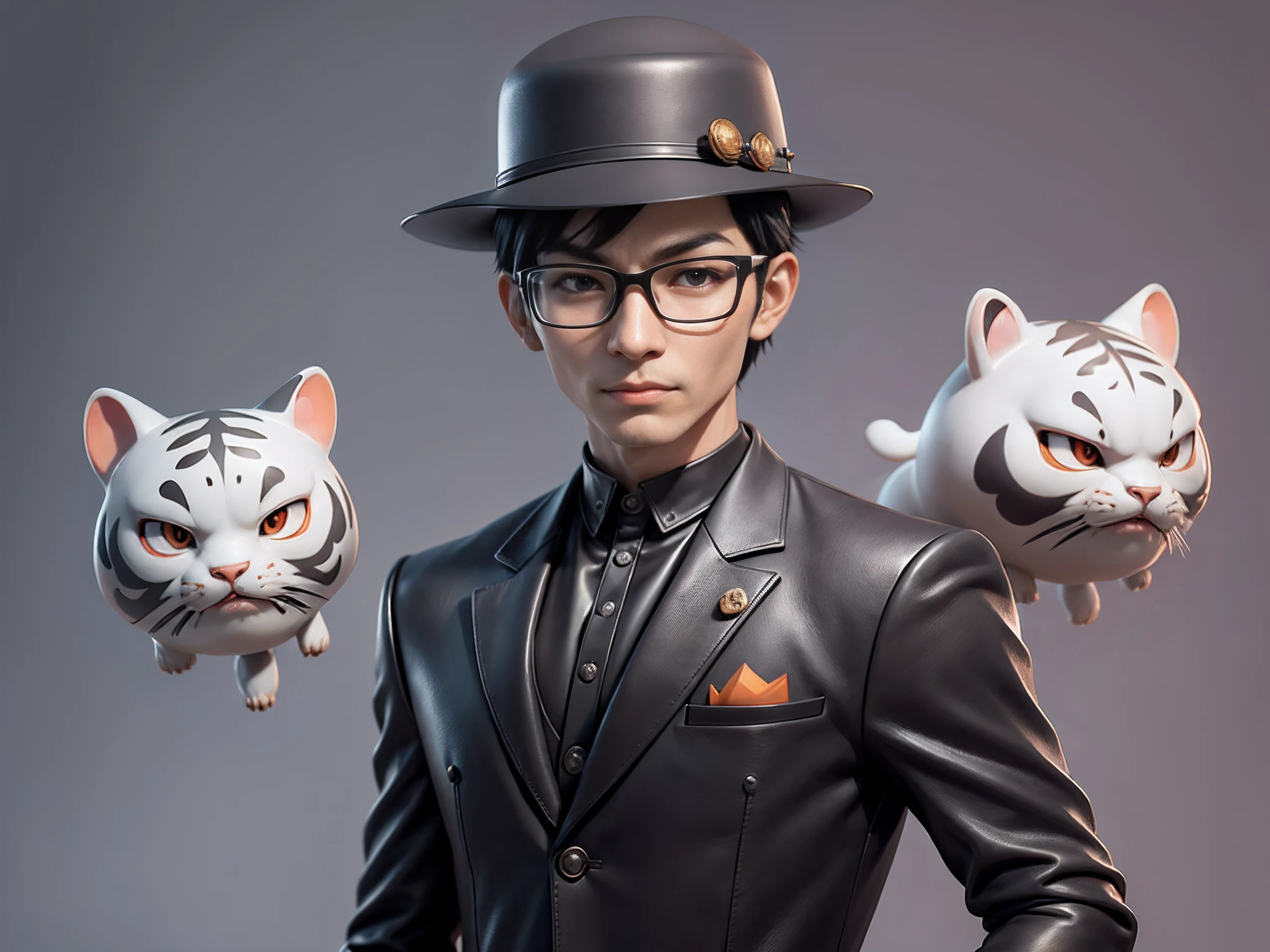 Young man with oriental face in leather hat, tiger, oriental face in formal suit, short black hair, silver glasses, digital painting, 3D character design by Mark Clairedon and Pixar and Hayao Miyazaki and Akira Toriyama, the illustration is a high-definition illustration in 4K resolution with very detailed facial features and cartoon-style visuals.
