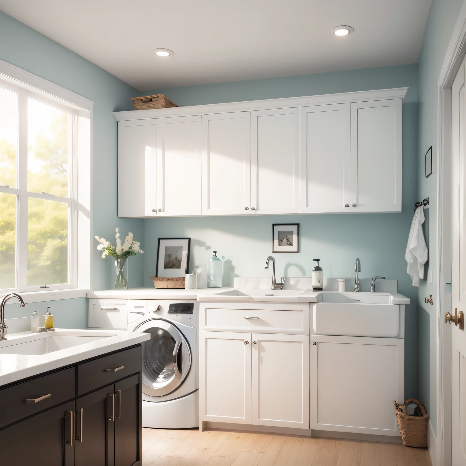 white cabinets in laundry room with Cabinet Doors and Knobs