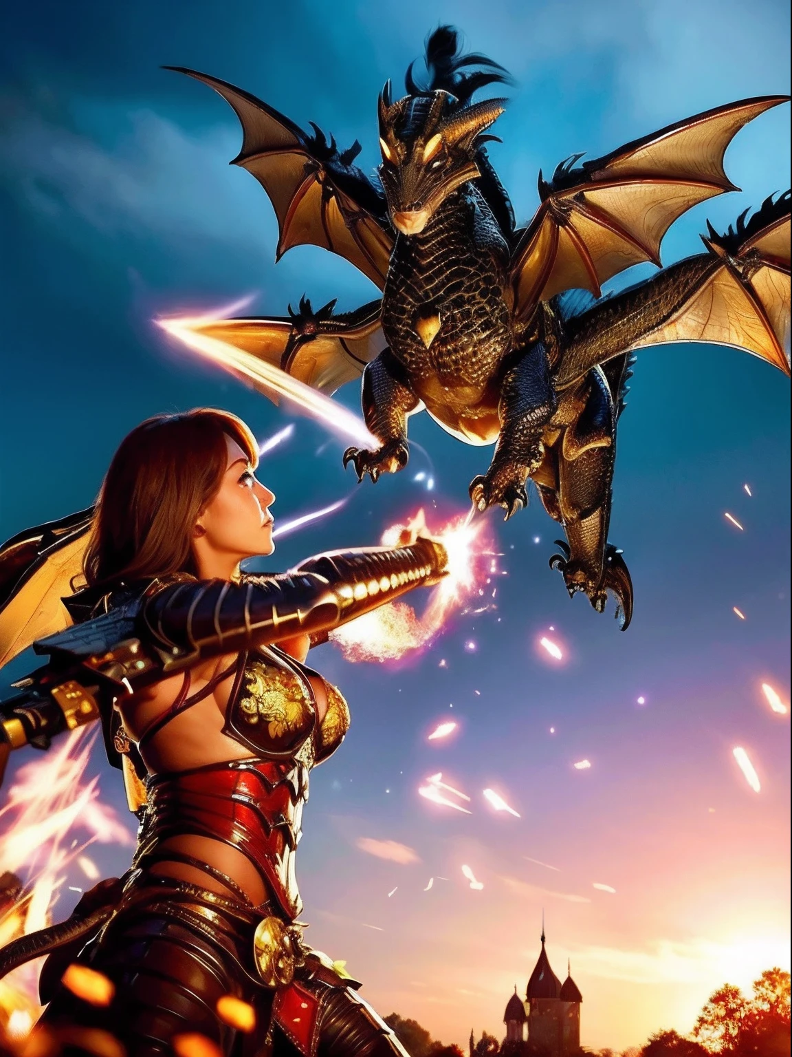 Professional , masterpiece、top-quality、photos realistic , depth of fields 、(Dragon Red Metal Body:1.9),(Enamel orange、(cleavage of the breast)、Dragon Gold Weapon、(Red Micro Bikini Armor:1.4),Gorgeous gold weapons ,(Demon Beast),(( Dragon's dense and gorgeous sword)) , (demonic wings)、((a blond))、(Castle background)、((Gangle's forest background))、((Fight dragons))、Beautiful Caucasian beauty、1a person、dynamic ungle,(((Detailed and ornate dragon helmet)))、Smaller head、A smile、Castle background、Thin and beautiful female hands、cleavage of the breast、Soldier in iron armor on background、Mystical expression、Light Effects、intense fighting、Wind-effect、magic circles、With the legendary magic wand、Dragon's tail、explosions、Anatomically correct body、