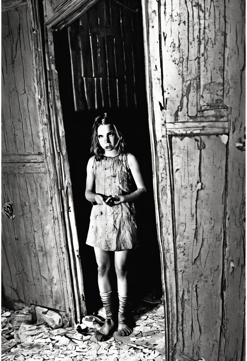 color photo of a scared Austrian-Brazilian girl, her face pale and contorted with fear, her wide eyes filled with terror. Her blonde hair hangs in disarray around her, adding to the sense of chaos and unease. She is captured in the ghoulish and satanist room, a place of darkness and malevolence. Sinister figures loom in the background, their shadowy forms adding to the eerie atmosphere. The room itself is adorned with occult symbols, the walls covered in faded and peeling wallpaper that seems to whisper secrets of the dark. The low-quality camera from 2004 struggles to capture the scene, resulting in a grainy and distorted image. The picture carries a sense of urgency and rawness, as if it was hastily taken in a moment of terror. The grain adds a gritty texture, intensifying the unsettling mood of the photograph. The color film used casts a muted and somber tone, enhancing the eerie ambiance of the room. This juxtaposition of fear, the macabre setting, the grainy quality, and the vintage aesthetic of the camera creates a chilling and haunting image. Directors: David Lynch, Guillermo del Toro, Stanley Kubrick Cinematographers: Roger Deakins, Emmanuel Lubezki, Darius Khondji Photographers: Diane Arbus, Francesca Woodman, Cindy Sherman Fashion Designers: Alexander McQueen, Rick Owens, Gareth Pugh ::n_bad anatomy, mutation, mutilation, deformity, poorly drawn, extra arms, extra legs, missing arms, missing legs, mutated hands, mutated feet, fused fingers, extra fingers, long neck, disfigured features, gross proportions, asymmetrical, blurry, ugly, extra eye, missing eye, deformed skull, malformed limbs, mutated mouth, missing teeth, extra teeth, malformed teeth, gross, disgusting, deformed spine, distorted bones, missing bones, out of frame, low resolution, low quality, normal quality, jpeg artifacts, signature, watermark, username, text, error, missing components, extra components, cropped, worst quality, low-res, bad proportions