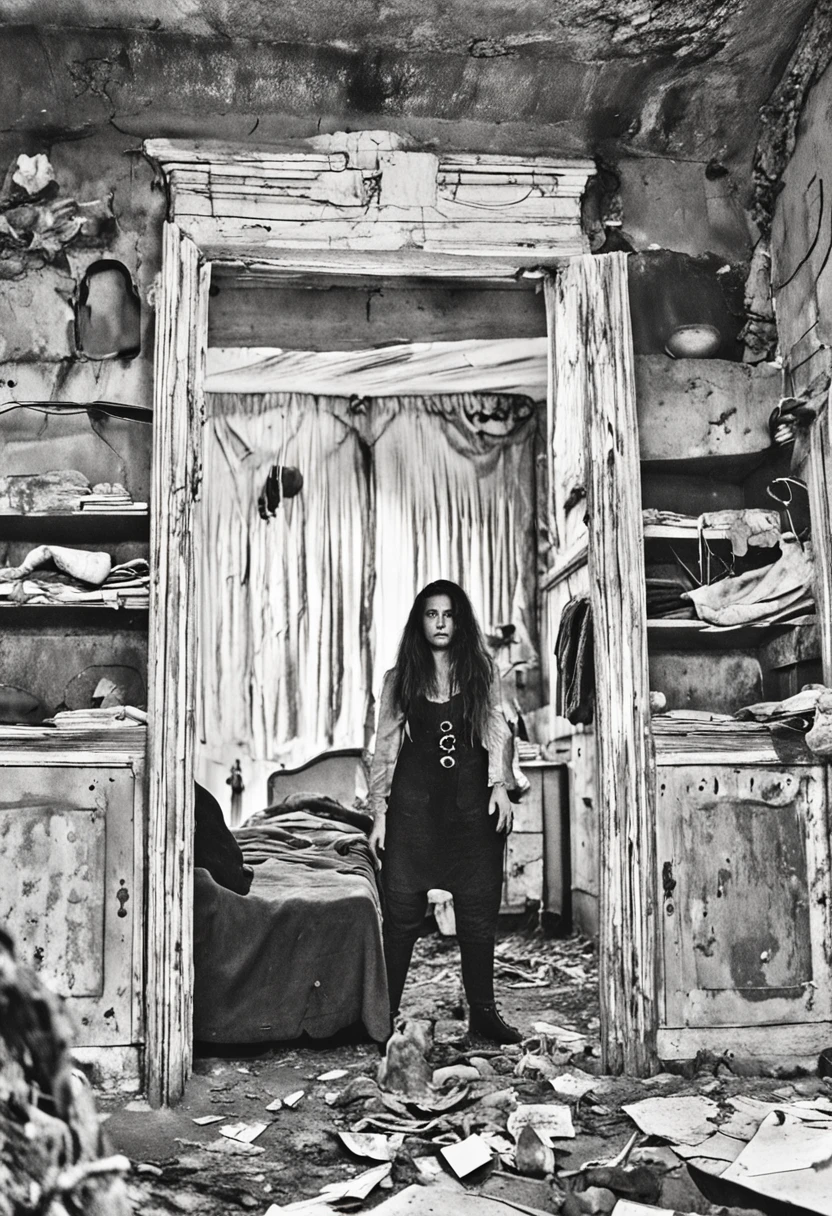 color photo of a scared Austrian-Brazilian girl, her face pale and contorted with fear, her wide eyes filled with terror. Her blonde hair hangs in disarray around her, adding to the sense of chaos and unease. She is captured in the ghoulish and satanist room, a place of darkness and malevolence. Sinister figures loom in the background, their shadowy forms adding to the eerie atmosphere. The room itself is adorned with occult symbols, the walls covered in faded and peeling wallpaper that seems to whisper secrets of the dark. The low-quality camera from 2004 struggles to capture the scene, resulting in a grainy and distorted image. The picture carries a sense of urgency and rawness, as if it was hastily taken in a moment of terror. The grain adds a gritty texture, intensifying the unsettling mood of the photograph. The color film used casts a muted and somber tone, enhancing the eerie ambiance of the room. This juxtaposition of fear, the macabre setting, the grainy quality, and the vintage aesthetic of the camera creates a chilling and haunting image. Directors: David Lynch, Guillermo del Toro, Stanley Kubrick Cinematographers: Roger Deakins, Emmanuel Lubezki, Darius Khondji Photographers: Diane Arbus, Francesca Woodman, Cindy Sherman Fashion Designers: Alexander McQueen, Rick Owens, Gareth Pugh ::n_bad anatomy, mutation, mutilation, deformity, poorly drawn, extra arms, extra legs, missing arms, missing legs, mutated hands, mutated feet, fused fingers, extra fingers, long neck, disfigured features, gross proportions, asymmetrical, blurry, ugly, extra eye, missing eye, deformed skull, malformed limbs, mutated mouth, missing teeth, extra teeth, malformed teeth, gross, disgusting, deformed spine, distorted bones, missing bones, out of frame, low resolution, low quality, normal quality, jpeg artifacts, signature, watermark, username, text, error, missing components, extra components, cropped, worst quality, low-res, bad proportions