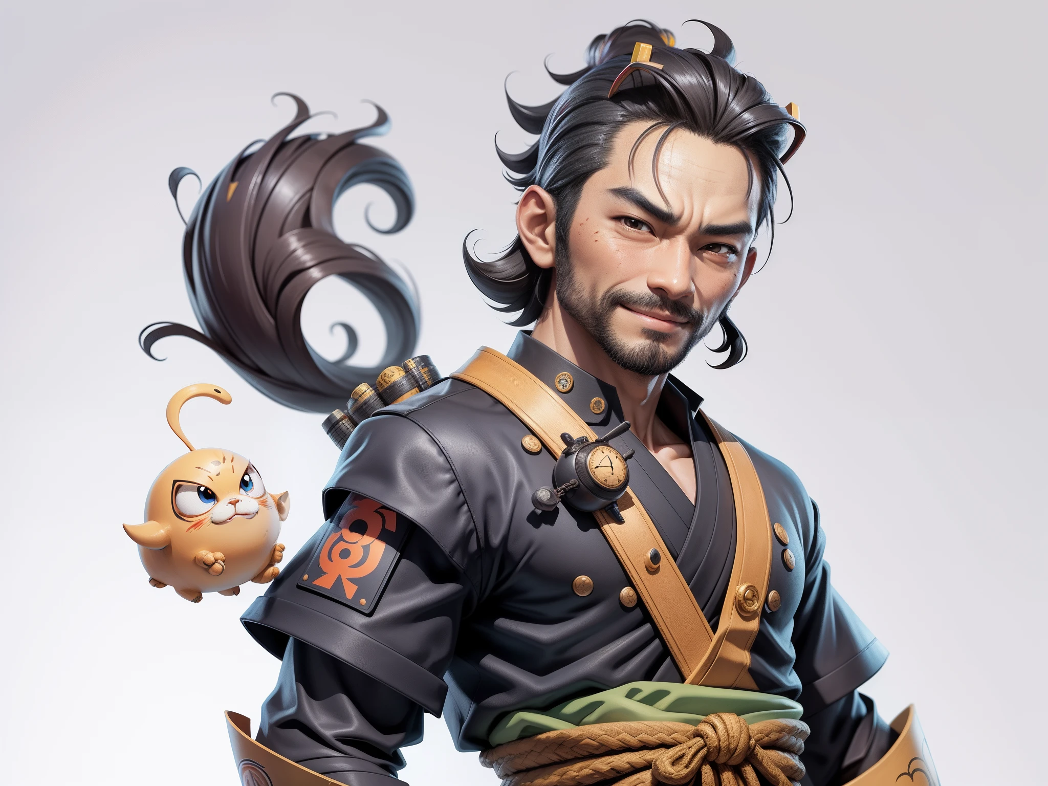 (Daisaku),(Need),(Super meticulous),(full bodyesbian:1.2),Super young man with Japanese geisha,Beautiful,orient,one tiger,Aeolian Thor,Raised sexy,爆乳,Oriental face,TV Anchor,Bust portrait illustration,In black suit,a blue tie,The face is slightly chubby,The face was clean,without a beard,Black super short hair,Black eyes,Smile confidently,3C computer sub-products,iPad, iphone,Digital painting,3D character design by Mark Clairen and Pixar and Hayao Miyazaki and Akira Toriyama,The illustration is a high-definition illustration in 4K resolution,With very detailed facial features and cartoon-style visuals。