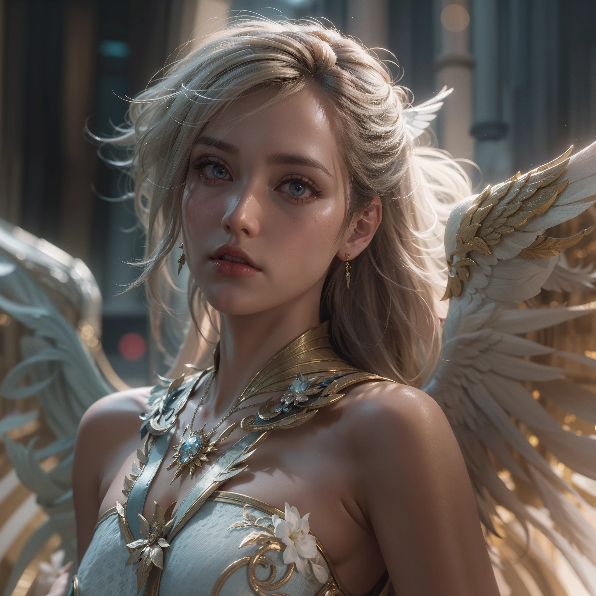 A closeup of a woman,There are wings on the back, as a mystical valkyrie, unreal engine rendered + A goddess, fantasy style 8 k octane render, 4 K detail fantasy, cinematic goddess shot, Unreal Engine fantasy art, beautiful cyborg angel girl, Fantasy art Behance, cinematic goddess close shot, fantasy gorgeous lighting, elegant cinematic fantasy art, cgsociety 8 k