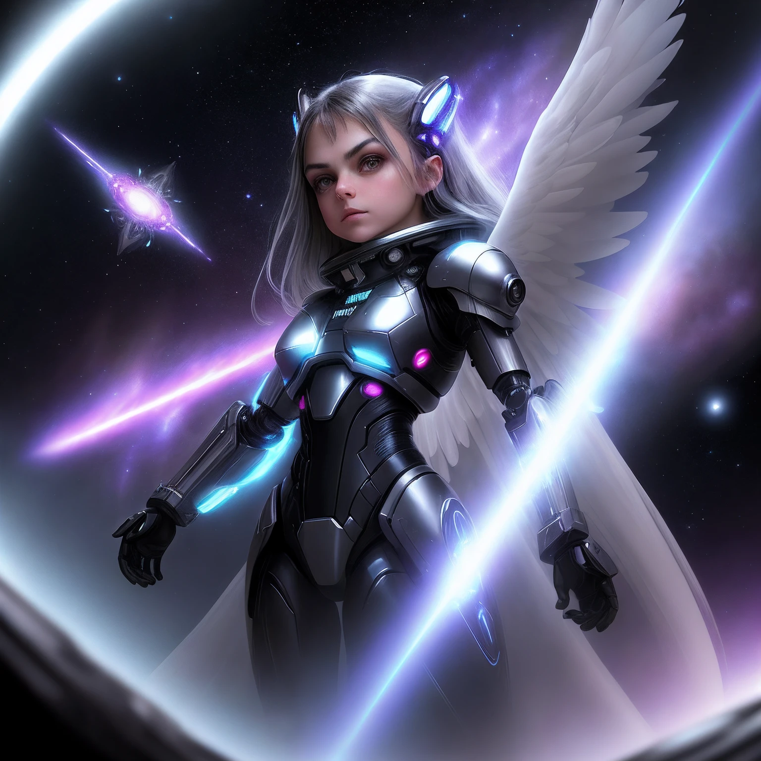 Alien appearanceMila Kunis as a kitten fairy goth futuristic robot in a spacecraft traveling through space. vivid silver, black colors., looking at viewer, realistic, masterpiece, highest quality, backlighting, (lens flare:1.1), (bloom:1.1), (chromatic aberration:1.1), by Jeremy Lipking, by Antonio J. Manzanedo, angelic, selestial, full body, beautiful, spiritual being, benevolent, with an aura on the head, sorindo, with radiant energy, archangel miguel style, galactic confederation, high quality, ultra-realistic, professional photography, human,