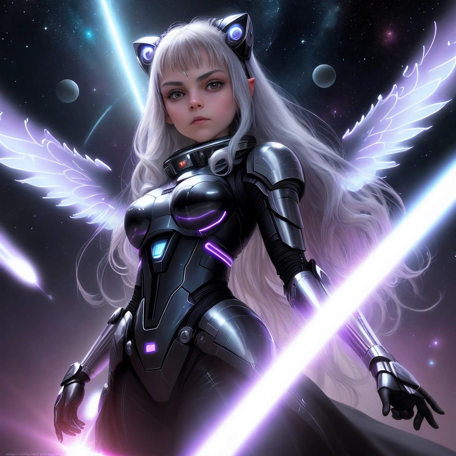 Alien appearanceMila Kunis as a preteen kitten fairy goth futuristic robot in a spacecraft traveling through space. vivid silver, black colors., looking at viewer, realistic, masterpiece, highest quality, backlighting, (lens flare:1.1), (bloom:1.1), (chromatic aberration:1.1), by Jeremy Lipking, by Antonio J. Manzanedo, angelic, selestial, full body, beautiful, spiritual being, benevolent, with an aura on the head, sorindo, with radiant energy, archangel miguel style, galactic confederation, high quality, ultra-realistic, professional photography, human,