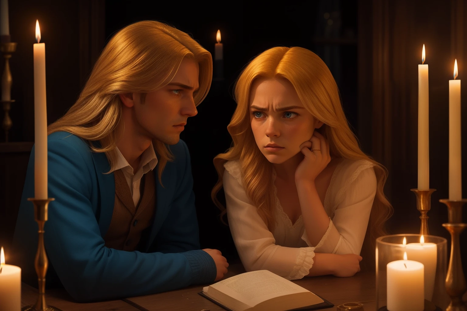 In a candlelit chamber, a character with tousled golden hair confronts a betrayal by their closest friend, their face a study in heartbreak and betrayal, their crystal-blue eyes clouded with sorrow.