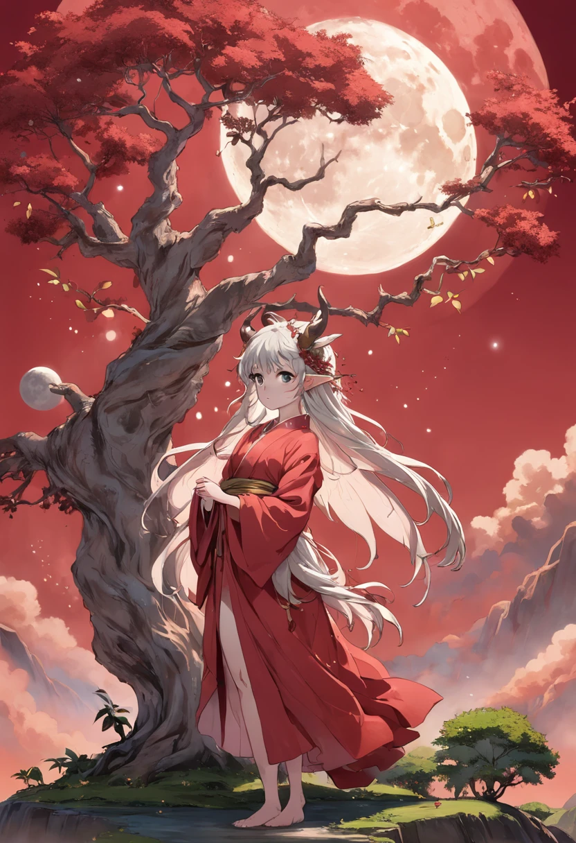 Red background fairy laurel tree huge moon sacred cow