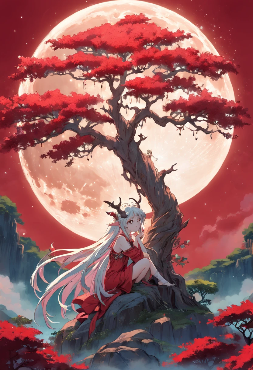 Red background fairy laurel tree huge moon sacred cow
