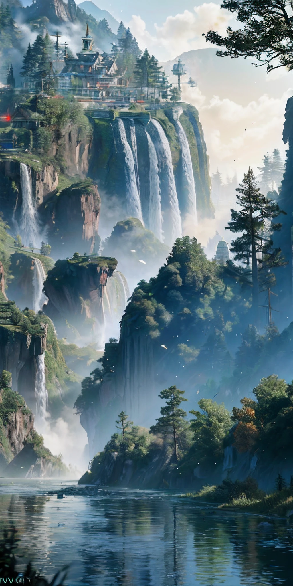 Analog style,ChromaV5,nvinkpunk,(extremely detailed CG unity 8k wallpaper),An image of a majestic river, trees on the sides, tiny waterfall, intense fog ,award winning photography, Chromatic Aberration, Detailed , HDR, Bloom, style by Monet, Pissarro, and Sisley ,trending on ArtStation, trending on CGSociety, art by midjourney