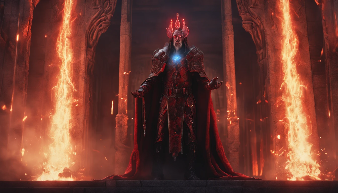 (Many award-winning masterpieces with incredible details, textures and maximum details), (Hyper-realistic: 1.4), (Realistic: 1.3), (Highest quality real textured skin), Fantasy theme, black clothes, black cloak, Cyber elements, red light, blue light, finely detailed face, ((Medieval World)), (Full Body Portrait: 1.6), ((Lord's Flame Demon)), (((Lord's Hellfire Demon))) , (bright cold eyes), (full body standing picture: 1.6), (with a naughty smile on the face), (eyes that glow red in the dark: 1.5), (a pair of red eyes with a strong red light emitting from inside) :1.5), (full body standing image: 1.5), (fire and flames swirling in the background), (dramatic light), wings, (majestic sight), (her face is gentle and beautiful, but somehow scary), ears Glass earrings on, (dramatic photo: 1.4), (full body portrait: 1.5), ((dramatic pose)), (blond hair), (silver hair), (chestnut hair), short hair, ((looking up)) , ((Look down)), (A simple necklace of exquisite workmanship hangs around the neck), (Bioluminescence that exudes brilliant light: 1.3), (Use gorgeous fire magic: 1.2), (Spinning flames), Devil's Basilica, Great Shrine of Devil, Great Temple, Great Cathedral, Temple Ruins, Freestanding Temple, (Glowing Magic Circle), Ancient Castle Ruins, Shining Majestic Clouds and Sky, Lightning, Epic Reality, Fading, Art, (Greg Rutkowski: 0.8), (Teal and Orange: 0.4), (ArtStation: 1.5), Cinematic, ((Neutral Colors)), (hdr: 1.5), (Pastel Colors: 1.2), Ultra Detailed, Dramatic light, (complex detail: 1.1), complex background,