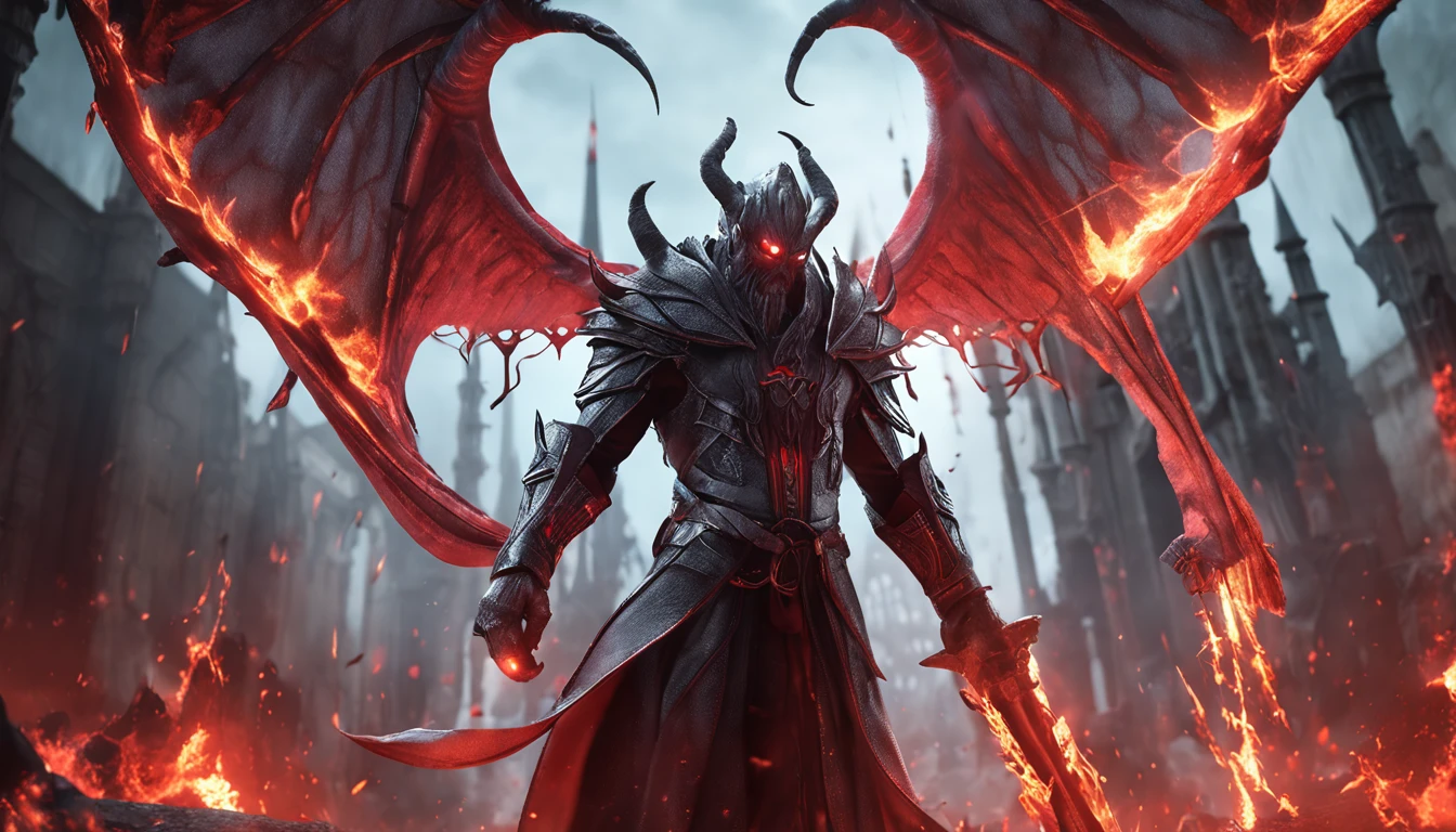 (Many award-winning masterpieces with incredible details, textures and maximum details), (Hyper-realistic: 1.4), (Realistic: 1.3), (Highest quality real textured skin), Fantasy theme, black clothes, black cloak, Cyber elements, red light, blue light, finely detailed face, ((Medieval World)), (Full Body Portrait: 1.6), ((Lord's Flame Demon)), (((Lord's Hellfire Demon))) , (bright cold eyes), (full body standing picture: 1.6), (with a naughty smile on the face), (eyes that glow red in the dark: 1.5), (a pair of red eyes with a strong red light emitting from inside) :1.5), (full body standing image: 1.5), (fire and flames swirling in the background), (dramatic light), wings, (majestic sight), (her face is gentle and beautiful, but somehow scary), ears Glass earrings on, (dramatic photo: 1.4), (full body portrait: 1.5), ((dramatic pose)), (blond hair), (silver hair), (chestnut hair), short hair, ((looking up)) , ((Look down)), (A simple necklace of exquisite workmanship hangs around the neck), (Bioluminescence that exudes brilliant light: 1.3), (Use gorgeous fire magic: 1.2), (Spinning flames), Devil's Basilica, Great Shrine of Devil, Great Temple, Great Cathedral, Temple Ruins, Freestanding Temple, (Glowing Magic Circle), Ancient Castle Ruins, Shining Majestic Clouds and Sky, Lightning, Epic Reality, Fading, Art, (Greg Rutkowski: 0.8), (Teal and Orange: 0.4), (ArtStation: 1.5), Cinematic, ((Neutral Colors)), (hdr: 1.5), (Pastel Colors: 1.2), Ultra Detailed, Dramatic light, (complex detail: 1.1), complex background,