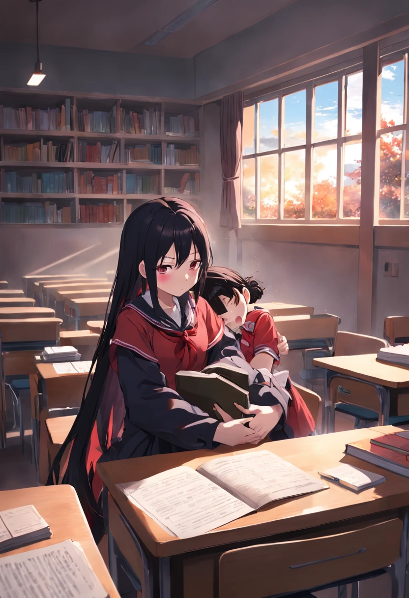 two guys,Long black and red hair in anime girl sitting in classroom in school uniform,Sleep on the table,Next to her was a man with short black hair,Anime boy in school uniform,There are stacked books in front,The sun was shining outside the window, and the boy looked at the girl