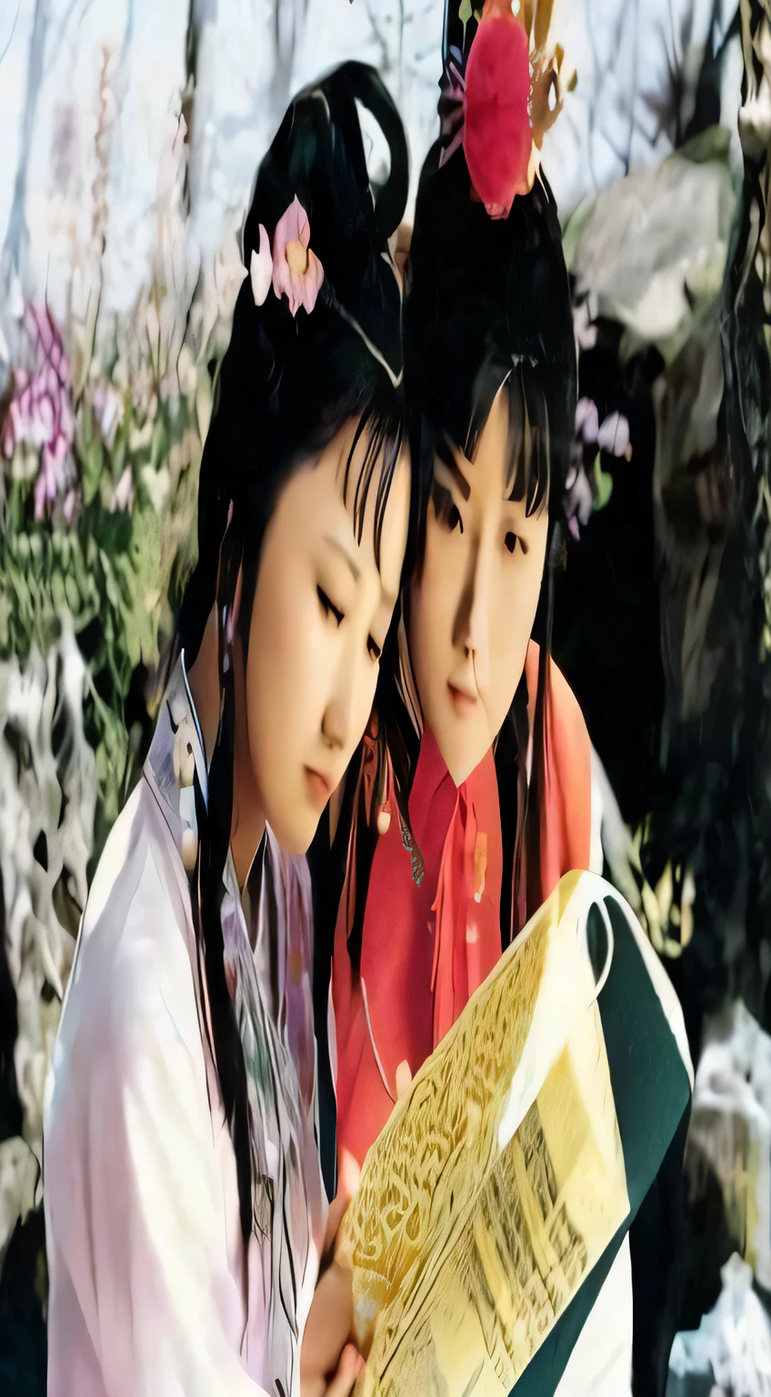 Two Asian men and women reading a book in the garden, Wuxia, heise-lian yan fang, Chinese traditional, Wearing ancient Chinese clothes, Ruan Jia and Fenghua Zhong, Traditional Chinese clothing, ancient chinese beauti, inspired by Tang Yin, zhang daqian, Qiu Fang, xianxia fantasy, mu pan, xue han