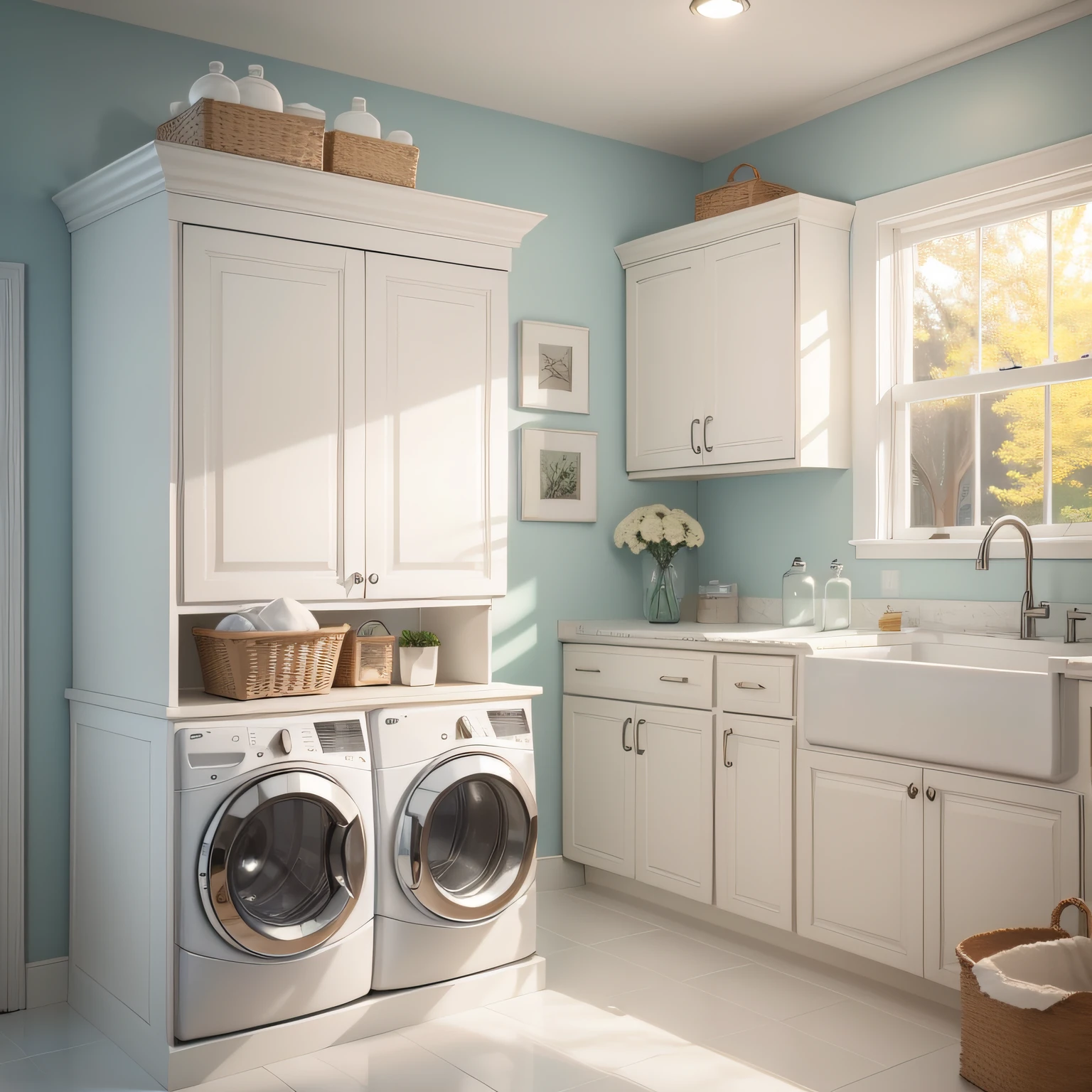 white cabinets in laundry room with Cabinet Pulls and Lazy Susan