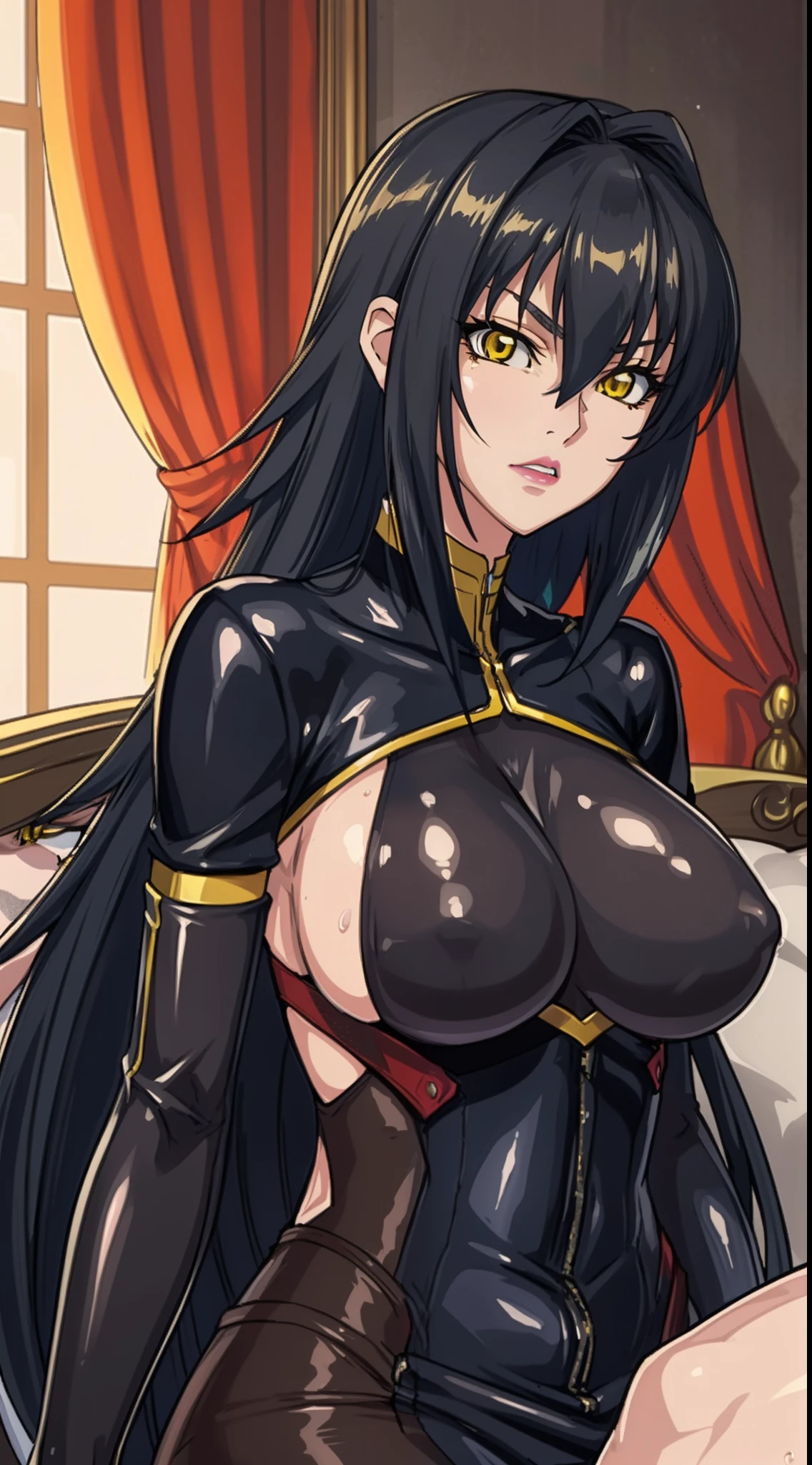 Annerose, 1girl, female mature, black hair, long hair, yellow eyes, large breasts, bodysuit, higheels, shiny clothes, skin tight, hair intakes, covered breasts, (exquisite character details, beautiful lips, beautiful yellow eyes, beautiful face, beautiful bodysuit), extremely detail unity 8k wallpaper