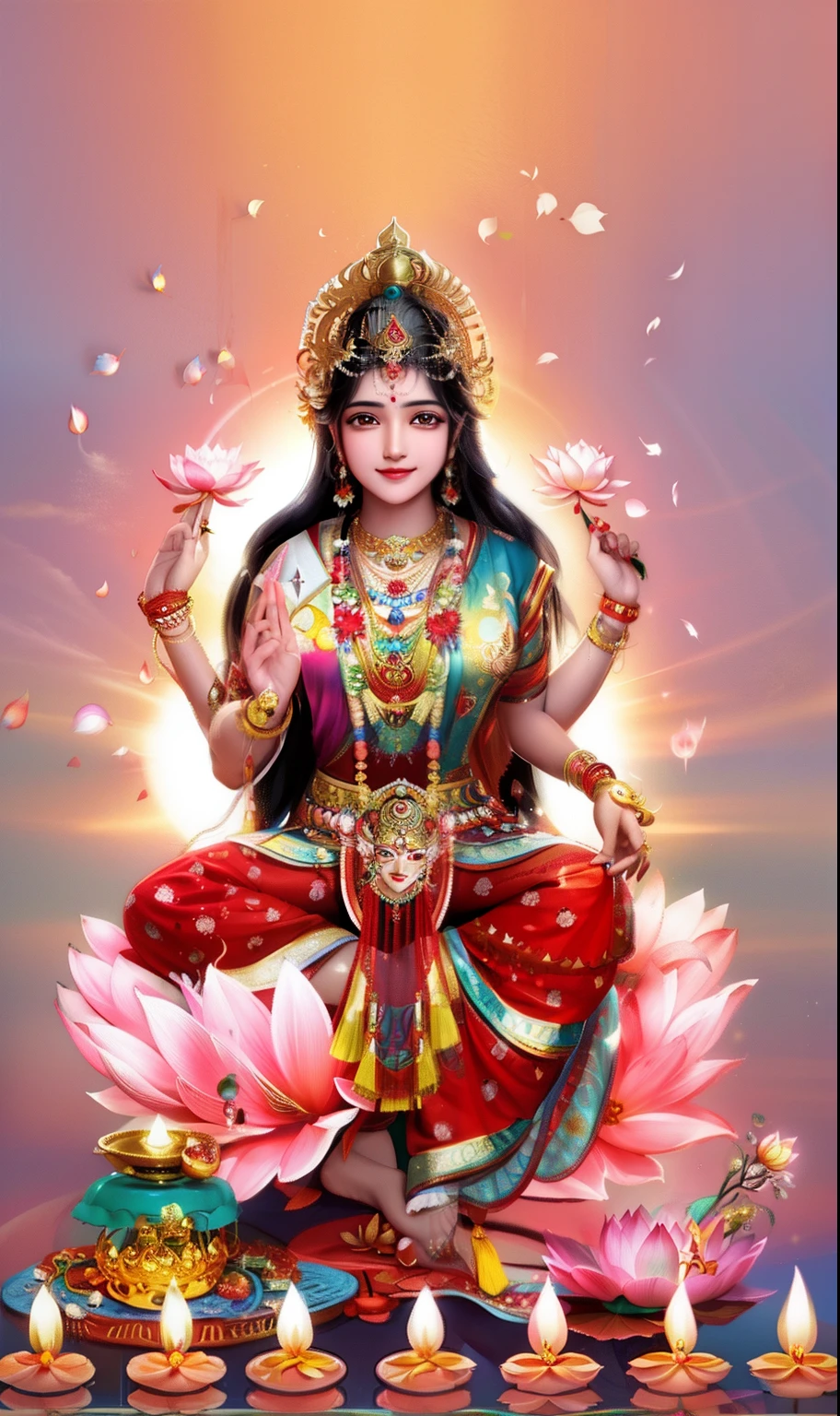 a beautiful hindu goddess with a lotus flower and candles, indian goddess of wealth, indian goddess, divine goddess, indian god, goddess of love and peace, hindu god, female lord of change, standing gracefully upon a lotus, hindu aesthetic, flower goddess, 😃😀😄☺🙃😉😗, beautiful goddess, hindu art, with lotus flowers ultra HD 8k, sweet smile full hand 4 one hand Sudarshan chakra