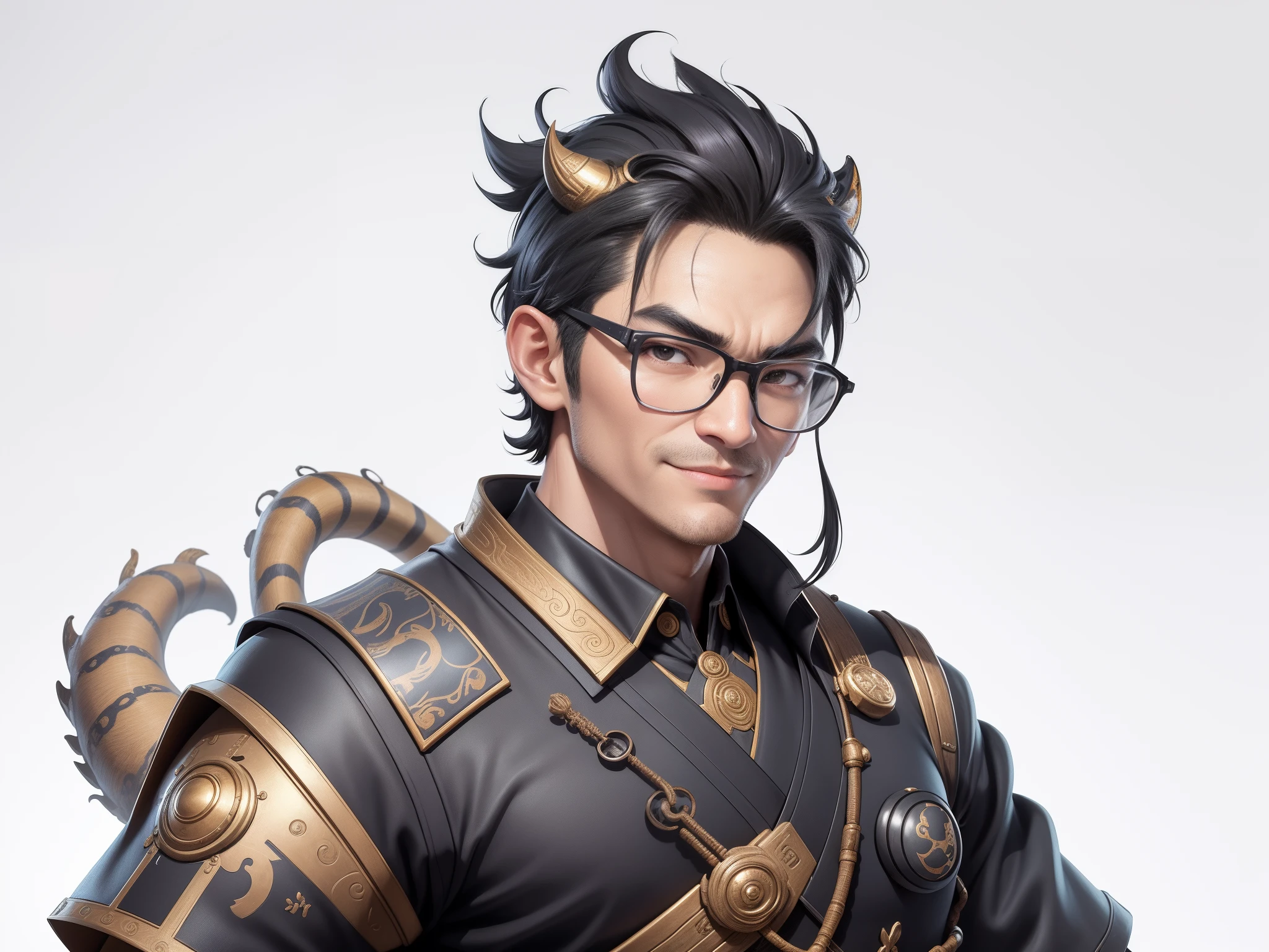 (Masterpiece), (Excellent), (Super Meticulous), (Full Body: 1.2), Super Young Man with Japanese Female Geisha, Pretty, Beautiful, Chinese Dragon, Tiger, Wind God Thor, Sexy, Bursting, Oriental Face, TV Anchor, Bust Portrait Illustration, Black Suit, Blue Tie, Slightly Chubby Face, Silver Glasses, Very Clean Face, No Beard on Chin, Black Super Short Hair, Black Eyes, Confident Smile, 3c Computer Sub-Products, iPad, iPhone, Digital Painting, 3D character design by Mark Clairedon and Pixar and Hayao Miyazaki and Akira Toriyama, the illustrations are HD illustrations in 4K resolution with highly detailed facial features and cartoon-style visuals.