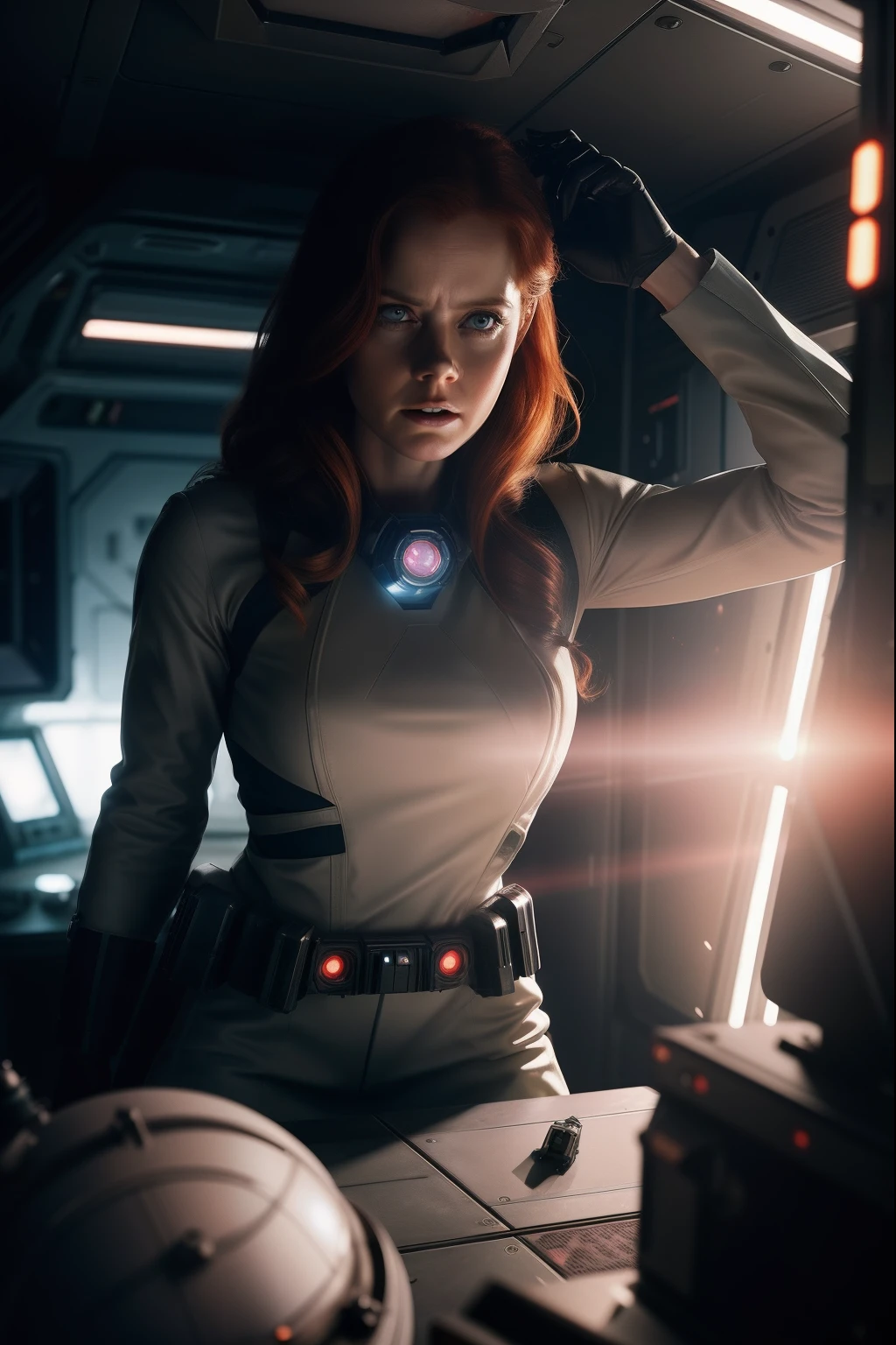 Hot terrified Amy Adams as a Scientist holding a sci fi blaster on Ishimura Horror Space Ship photography, natural light, photorealism, cinematic rendering, ray tracing, the highest quality, the highest detail, Cinematic, Third-Person View, Blur Effect, Long Exposure, 8K, Ultra-HD, Natural Lighting, Moody Lighting, Cinematic Lighting