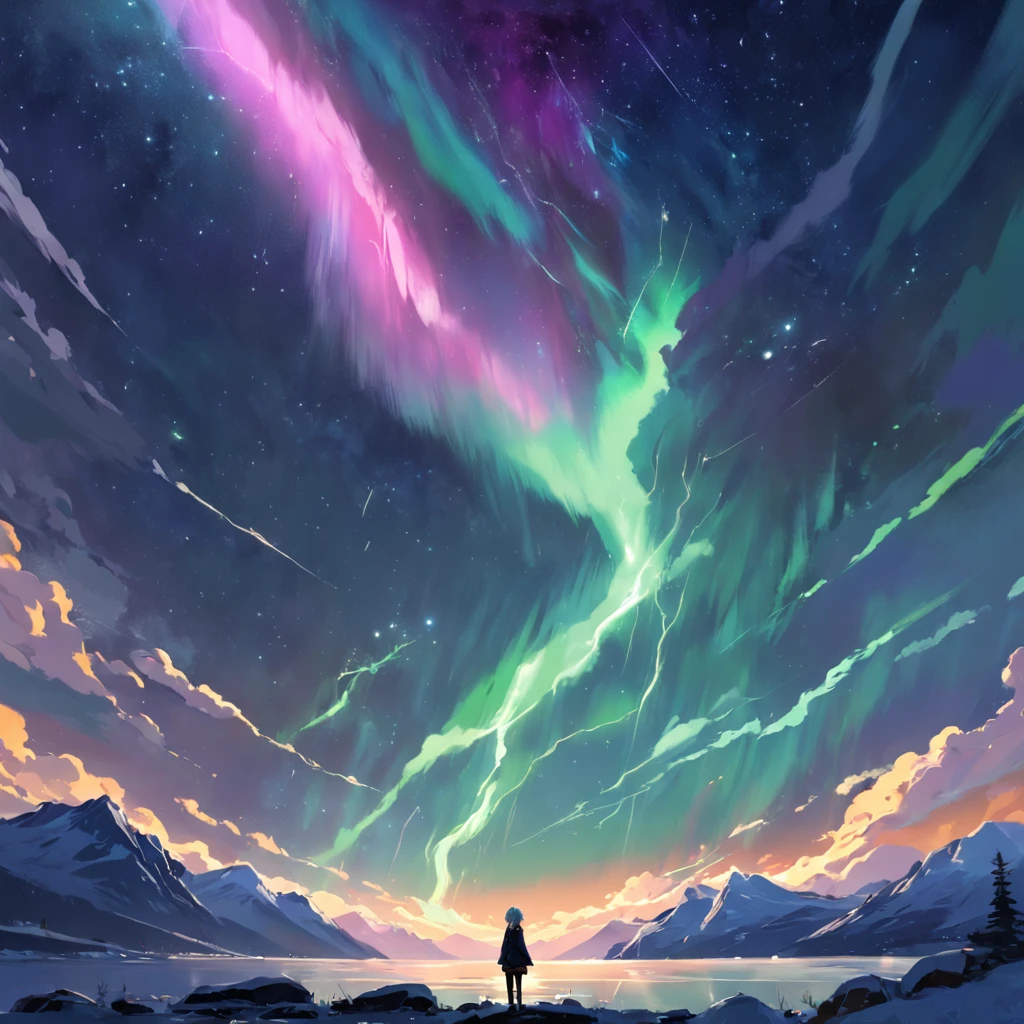Aurora Borealis with Thunder, Montanha nevada, Noruega, silhueta de homem com machado