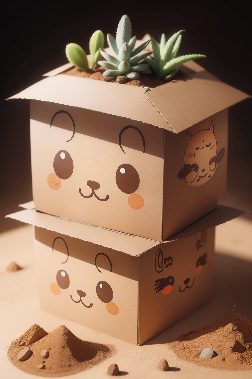 Cute dirt characters: Create adorable sticker designs. Soil characteristics with plants growing on the head. His head and hands stick out of a cardboard box. Stickers designed with adorable characters of the earth. It should have features and expressions that reflect its distinctive features, While keeping the overall style cute and attractive. The earthen letters are in a square cardboard box, Anpanman Style.