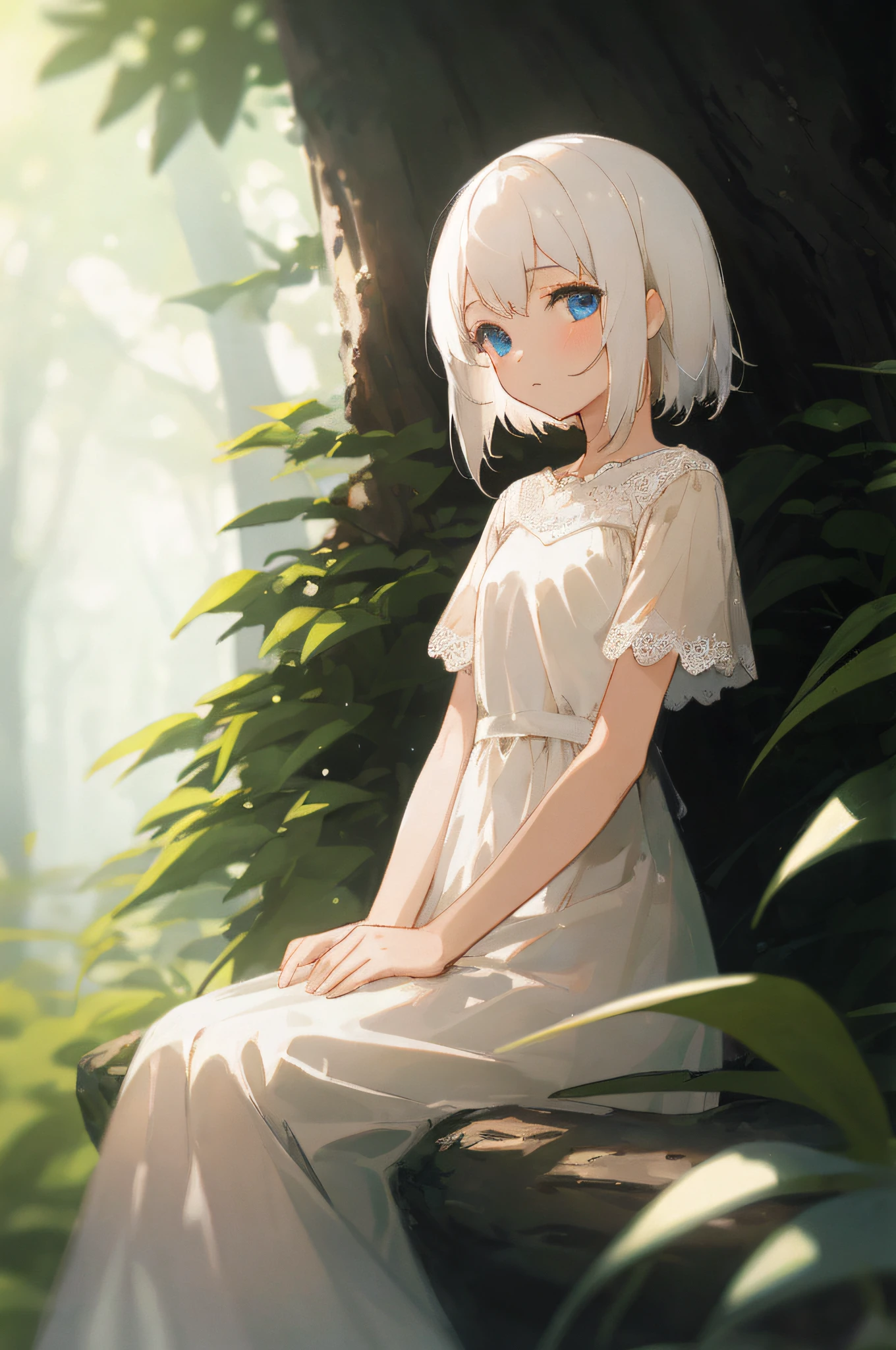 (Masterpiece , high quality) , young girl , white hair , blue eyes , beige skin , in nature , light blur , simple white dress , sitting , kindly staring at a viewer