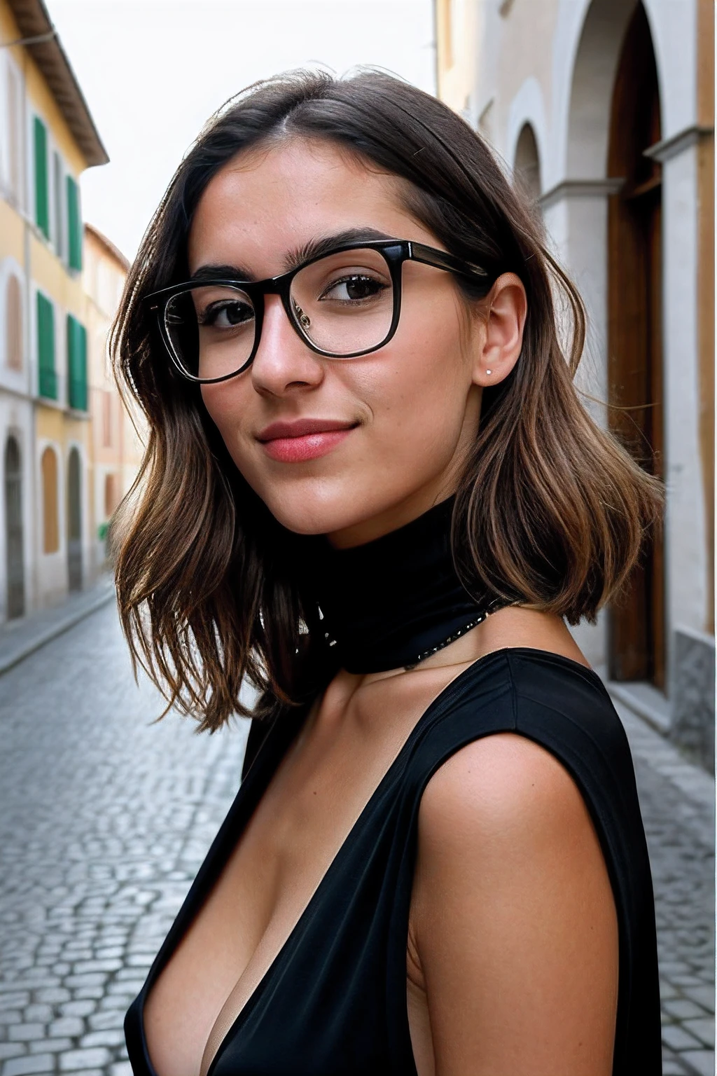 Instagram-Foto, Nahaufnahme Gesicht, Sonnenbrille, haarreif, Foto von 23 Y.o Chloe in black clothes on Italy's streets, Spaltung, blasse Haut, (smil:0.4), Harte Schatten, posierend, positionen, angeben, sexuell, ((NSFW)), Mikro-Details, weiches Licht, fotorealistisch, proportional, Hyper Details,