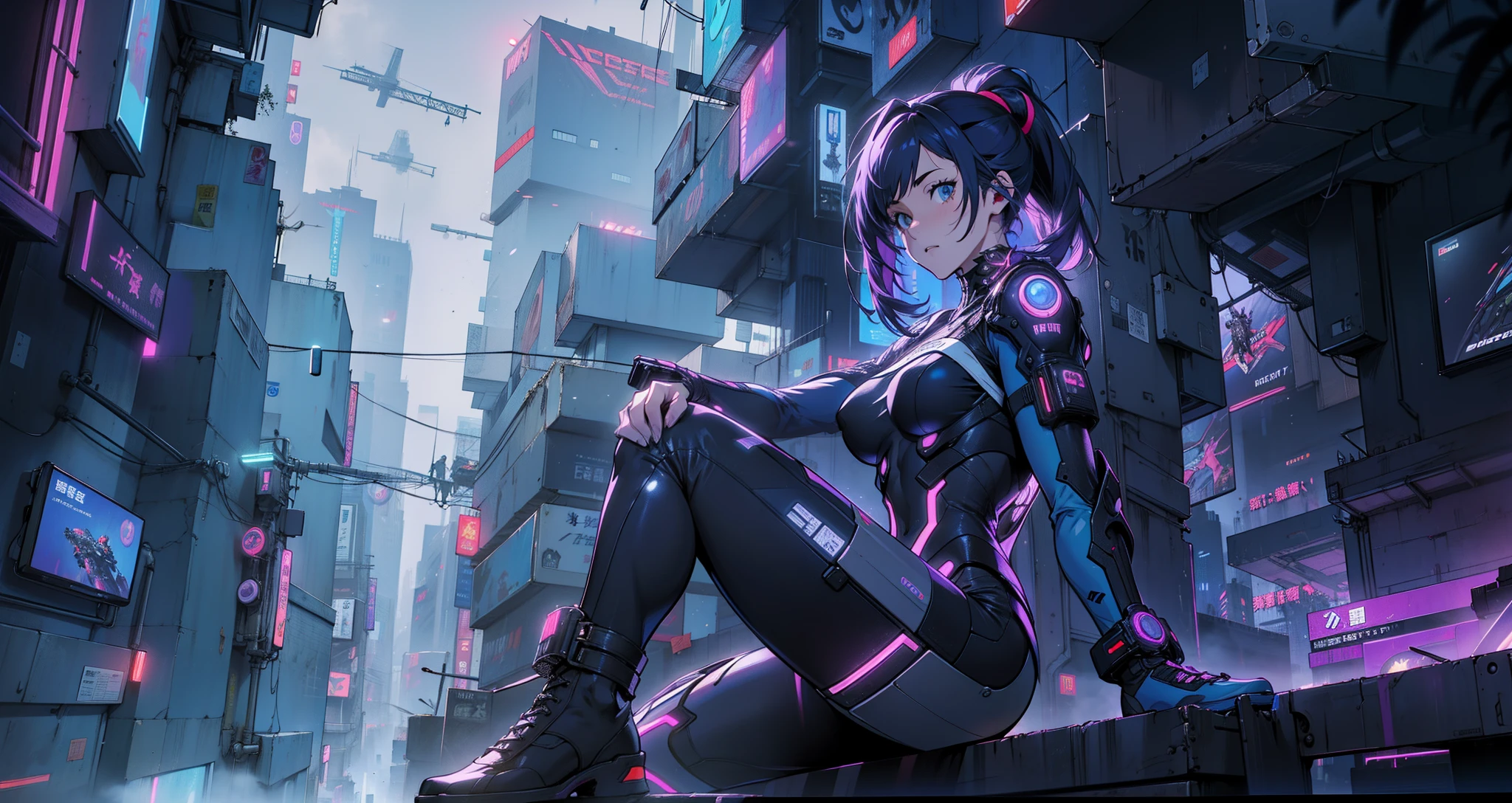 Cyber girl sitting on a ledge in the city at night。Cyberpunk anime art envelops her as digital worlds intersect。Modern cyberpunk art style illuminated by neon lights、It depicts a fusion of an anime girl and a mecha.。This art with a cyberpunk theme is、Feel like a dreamy future。With the scenery of a cyberpunk city lined with skyscrapers、Her presence is enchanting,、It seems to be wrapped in a mysterious magic。