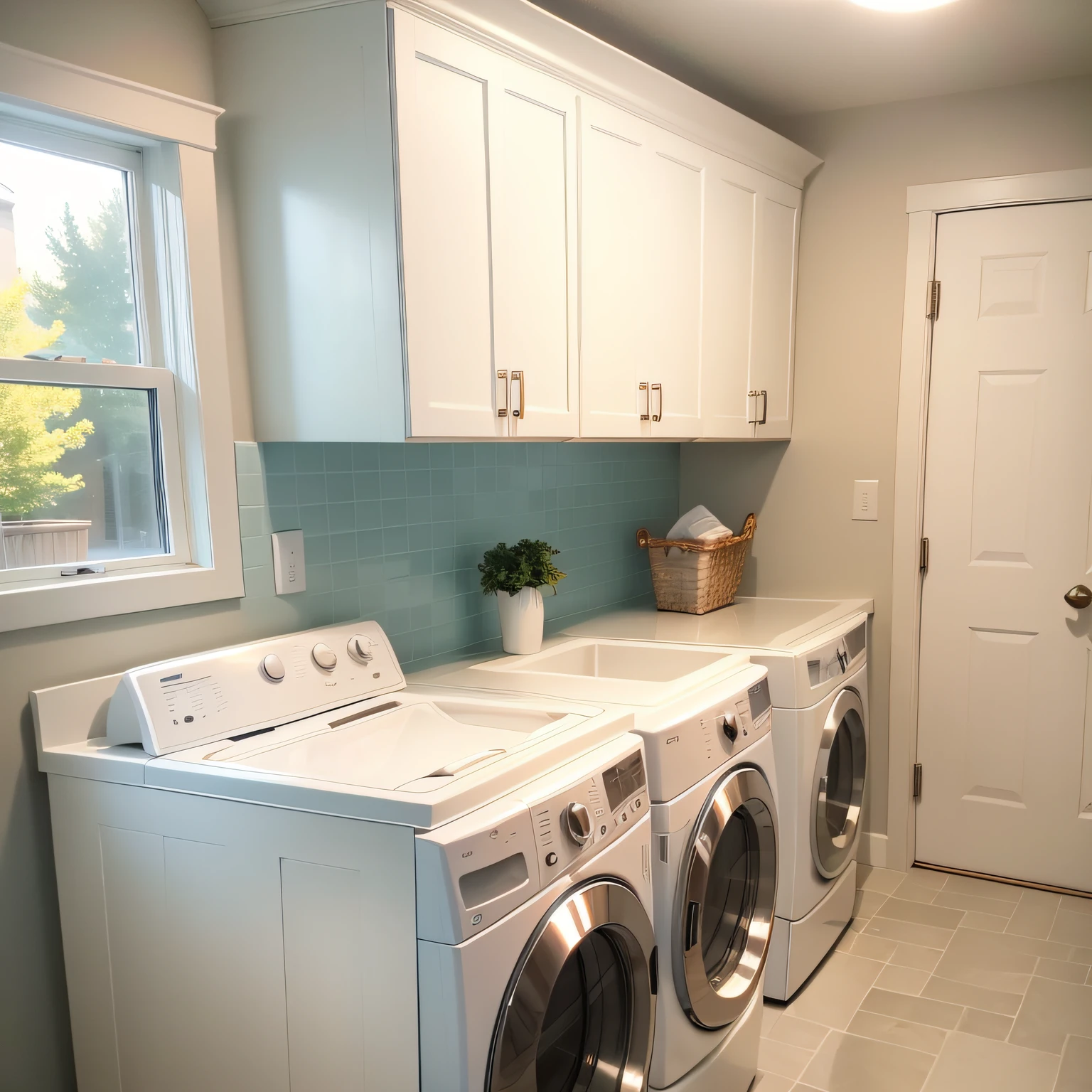 white cabinets in laundry room with Backsplash and Lighting Fixtures